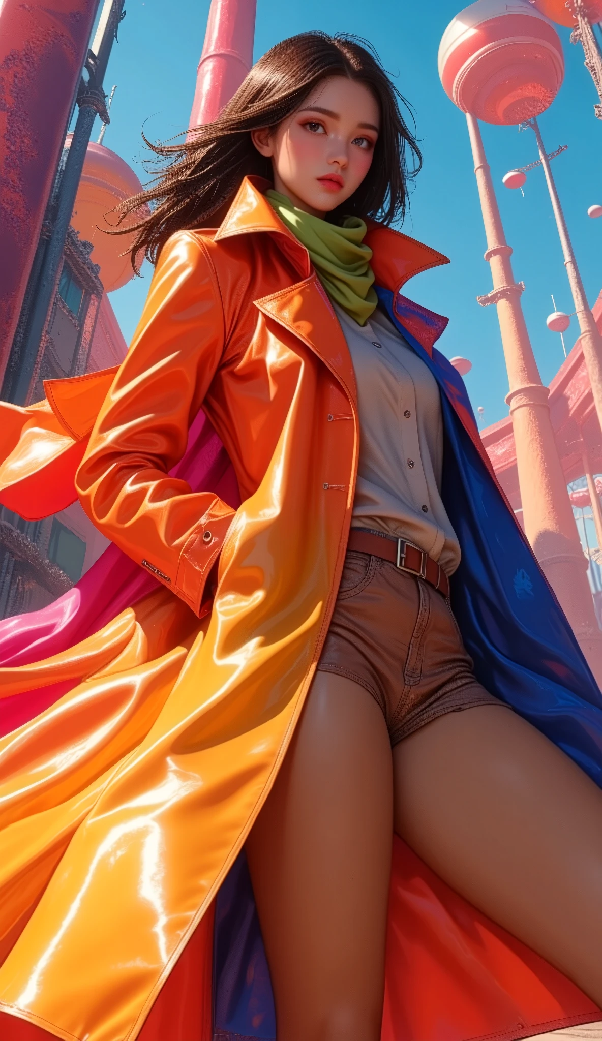 (masterpiece, top quality :1.2), (Dynamic angle, Dutch angle), a woman, solo, (she is wearing a very colorful and vibrant trench coat, and a muted colored scarf is fluttering in the wind, ABM), the ends of which seamlessly form a pop art imitation of space, 