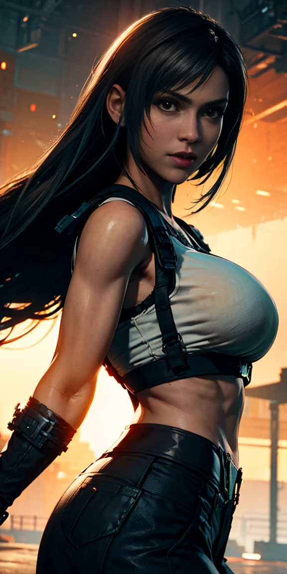 ((leona heidern from king of fighters series)) (beautiful face)(big glowing blue eyes)(red lips) ((very long thick hair))((blue hair))((high pony tail with bangs hairstyle)) ((very huge breasts) (perfect slim body) ((wears black short tank top, short military pants)), (black gloves), (posing sexy on aircraft carrier) (high definition, amazing lights and shadows) ((masterpiece)) (8k) (perfect face) (ultra details) (perfect hands, eyes, and face)