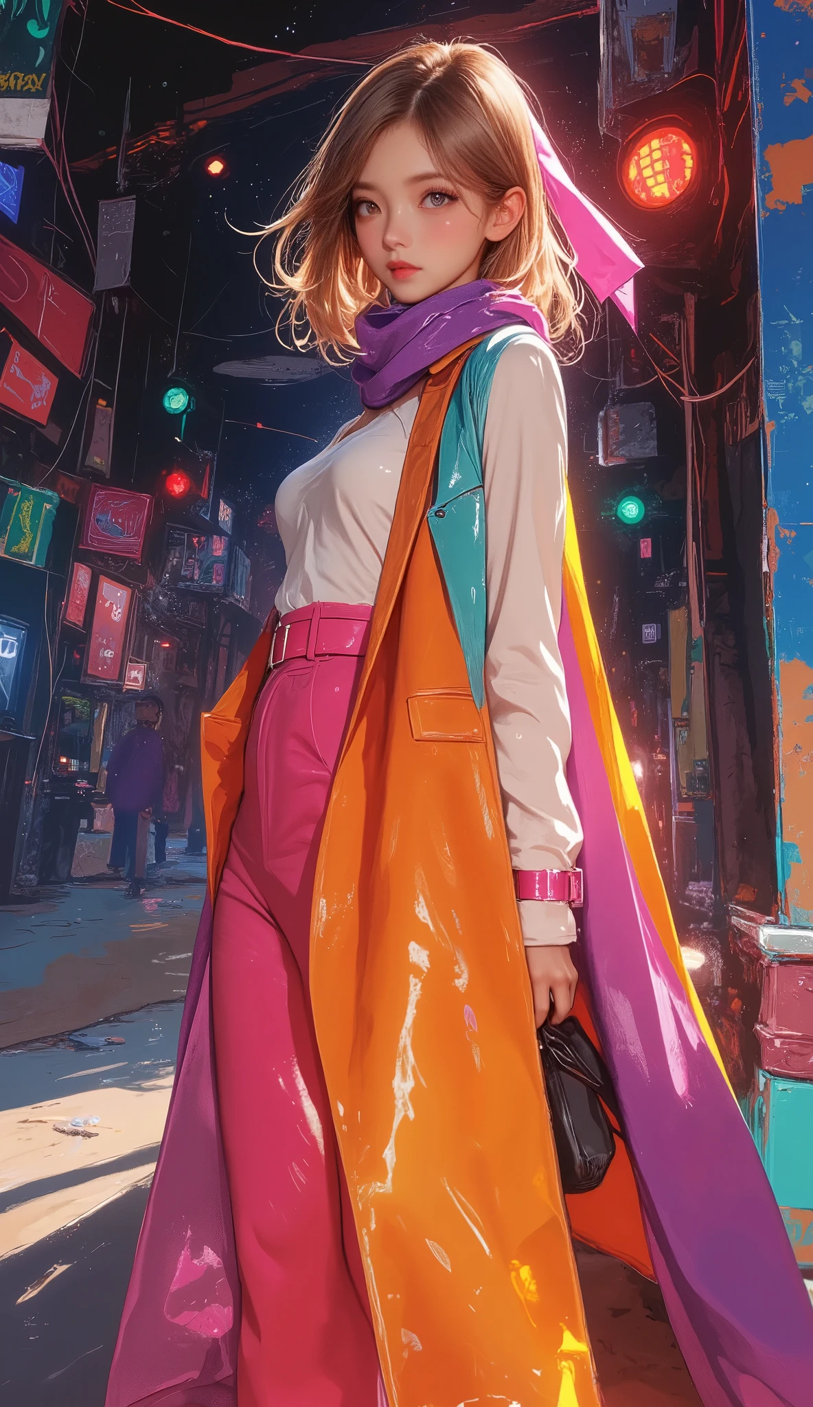 (masterpiece, top quality :1.2), (Dynamic angle, Dutch angle), a woman, solo, (she is wearing a very colorful and vibrant trench coat, and a muted colored scarf is fluttering in the wind, ABM), the ends of which seamlessly form a pop art imitation of space, 