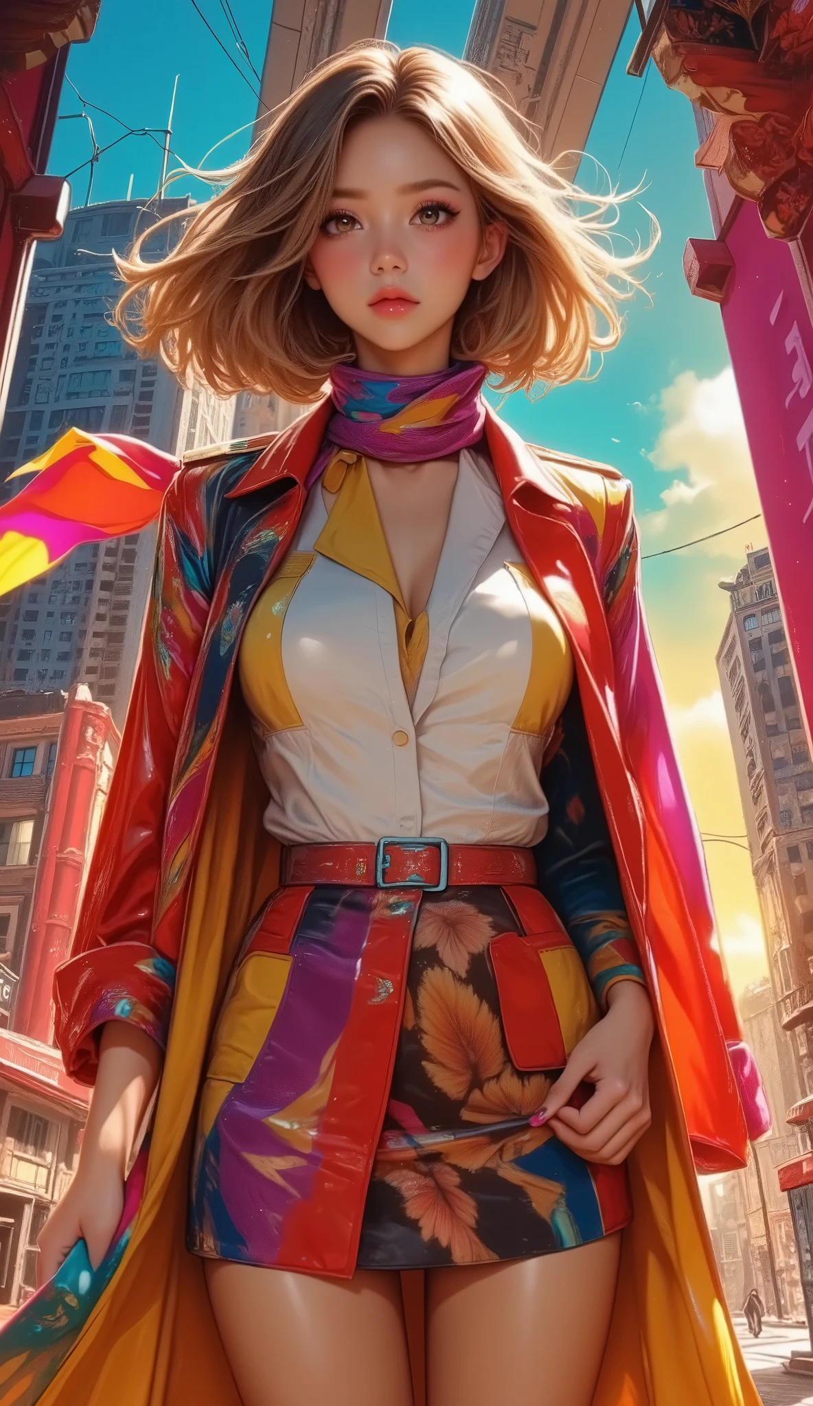 (masterpiece, top quality :1.2), (Dynamic angle, Dutch angle), a woman, solo, (she is wearing a very colorful and vibrant trench coat, and a muted colored scarf is fluttering in the wind, ABM), the ends of which seamlessly form a pop art imitation of space, 