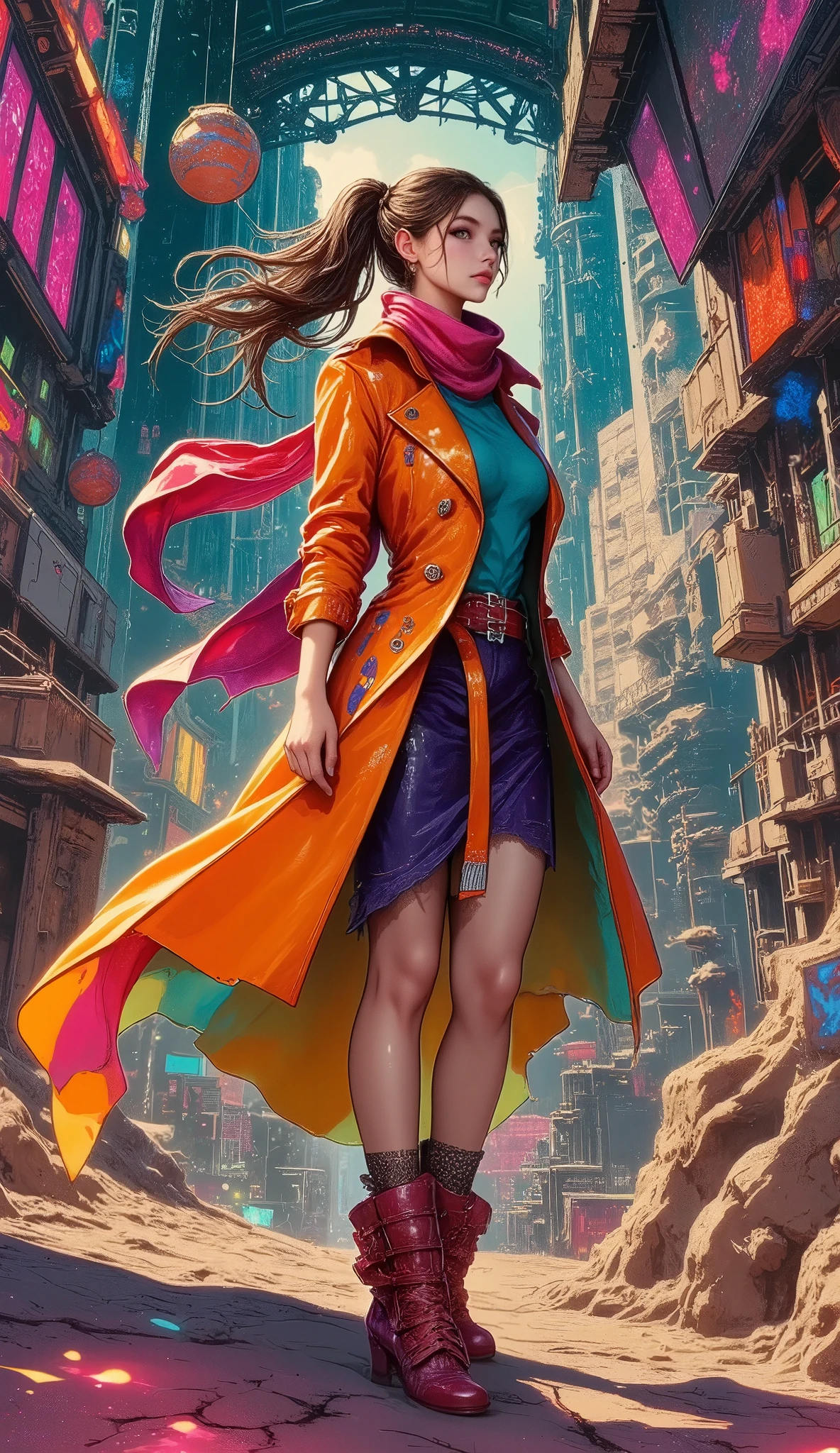 (masterpiece, top quality :1.2), (Dynamic angle, Dutch angle), a woman, solo, (she is wearing a very colorful and vibrant trench coat, and a muted colored scarf is fluttering in the wind, ABM), the ends of which seamlessly form a pop art imitation of space, 