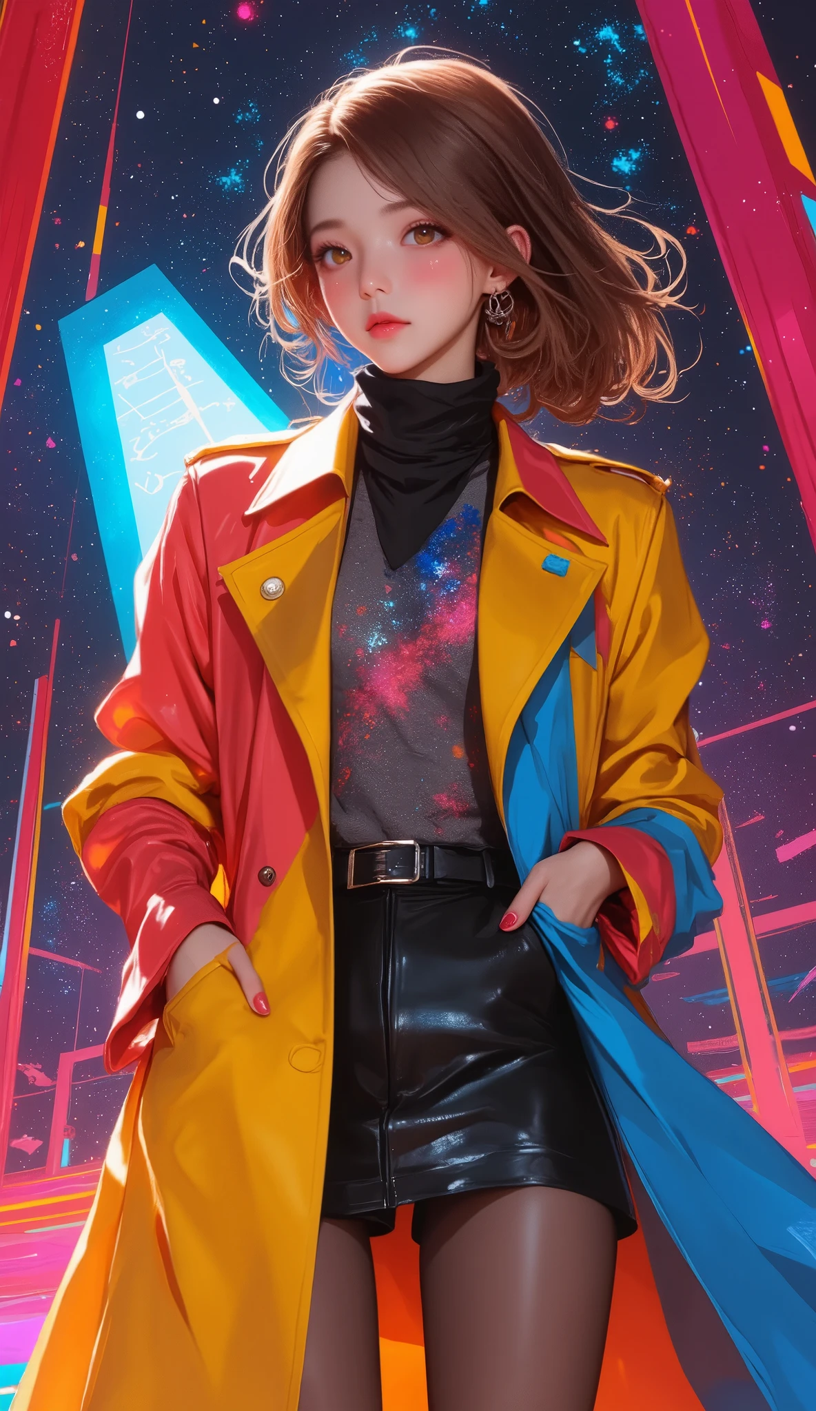 (masterpiece, top quality :1.2), (Dynamic angle, Dutch angle), a woman, solo, (she is wearing a very colorful and vibrant trench coat, and a muted colored scarf is fluttering in the wind, ABM), the ends of which seamlessly form a pop art imitation of space, 