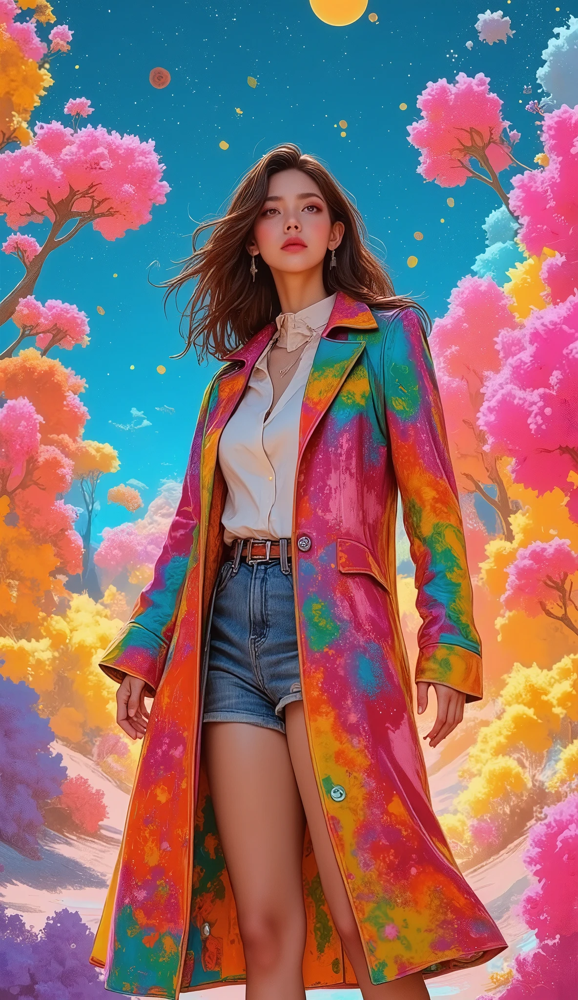 (masterpiece, top quality :1.2), (Dynamic angle, Dutch angle), a woman, full body, solo, (she is wearing a very colorful and vibrant trench coat, and a muted colored scarf is fluttering in the wind, ABM), the ends of which seamlessly form a pop art imitation of space, 