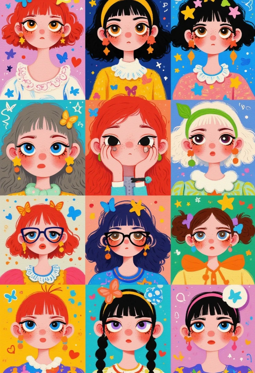 A grid of portraits, each depicting the cartoon character Patrick Star as different women with hair and eye colors ranging from red to black. The portraits have a flat design aesthetic, with bold colors and simple shapes. Each portrait is set against a solid background that complements the subject's skin tone. They all wear accessories such as glasses or headbands, indicating various styles of fashion, including long wavy hair, short curly blonde hair, buns, pigtails, and more, with an overall theme of colorful fun.