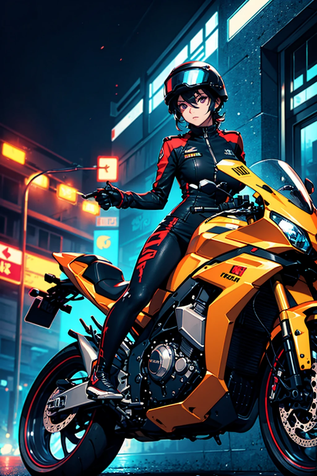 masterpiece,最 High Quality , high res,Extremely clear 8K wallpaper, High Quality , armybiker style, 1girl, neon Pop Art Style, rider's suit