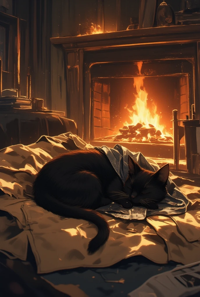 Anime, theme "Trench coat and scarf", trench coat and scarf are thrown away on the sofa in the living room with a fireplace, black cat curled up and sleeping on the trench coat and scarf, cute scene, black cat is careless and crumpled expensive trench coat, relaxing winter night, 8K quality