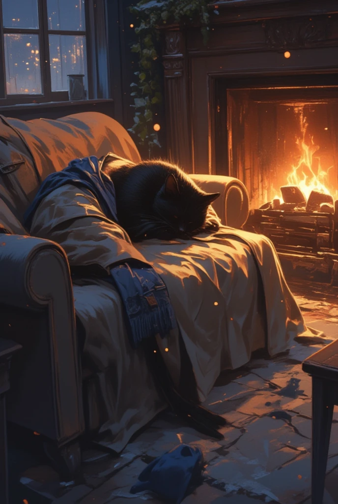 Anime, theme "Trench coat and scarf", trench coat and scarf are thrown away on the sofa in the living room with a fireplace, black cat curled up and sleeping on the trench coat and scarf, cute scene, black cat is careless and crumpled expensive trench coat, relaxing winter night, 8K quality