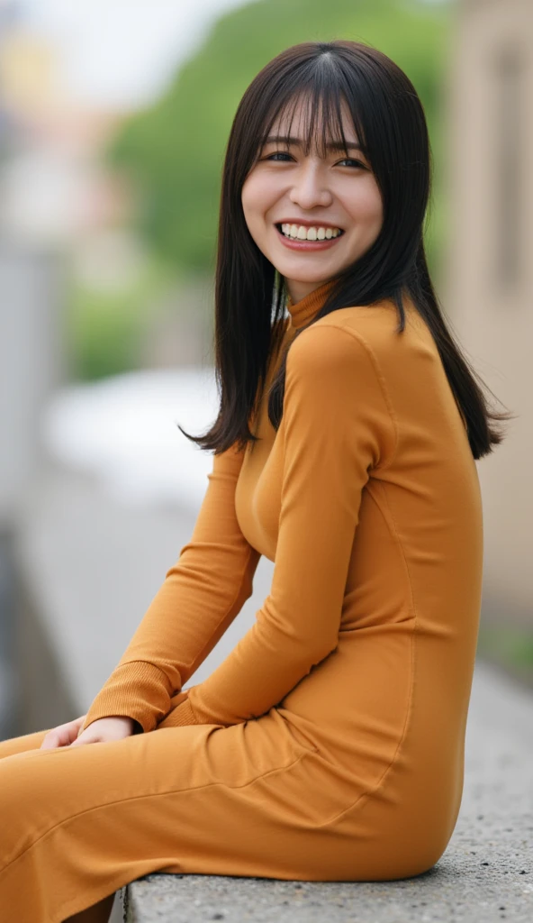 Nagahama_black, This image is a portrait of a young woman with dark hair and shoulder-length bangs. She is smiling broadly, looking straight into the camera, and wearing a tight-fitting ochre-colored long dress. The background is blurred but appears to be an urban area with buildings and trees. The lighting is soft and natural, creating a bokeh effect. .(Full body,from back:1.2), ((panties, panties line visible through tight skirt: 1.2)),  ((panties line,panty line )), sitting