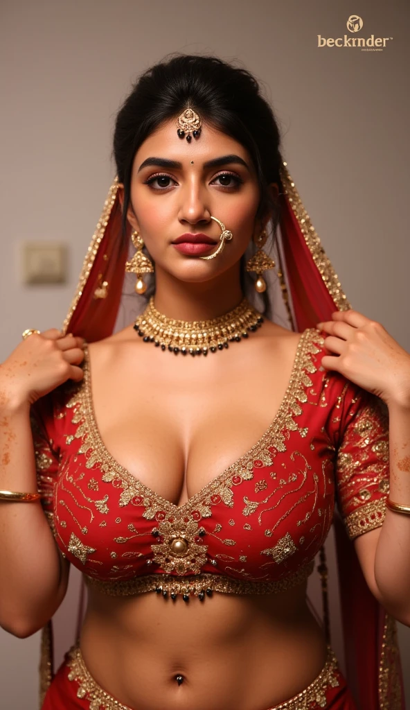 (masterpiece, best quality:1.2), 1girl, solo, stunning beauty,sexy indian, body facing camera, perfect nose ring nathuni,earring, navel ring, Showing deep massive cleavage,wearing red bridal veil,