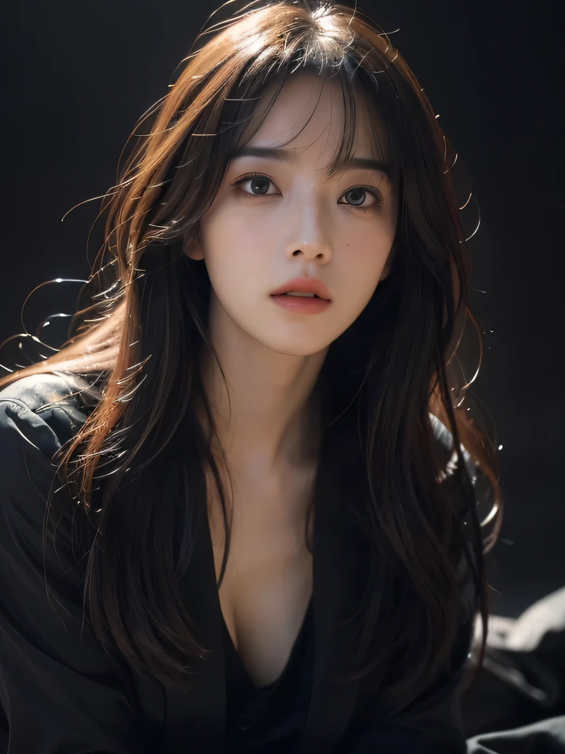Best quality,masterpiece,Ultra-high resolution,RAW photos, Cat ears,cute,In the light,deep shadow,Low profile,Cold Light,sexy look,Long hair,((best quality: 1.5)) ((masterpiece: 0.8)), Intricate details, Clear focus, professional, real life, Real facial expression, Dynamic poses, ((([Large breasts:0.8])))),Biting fingers