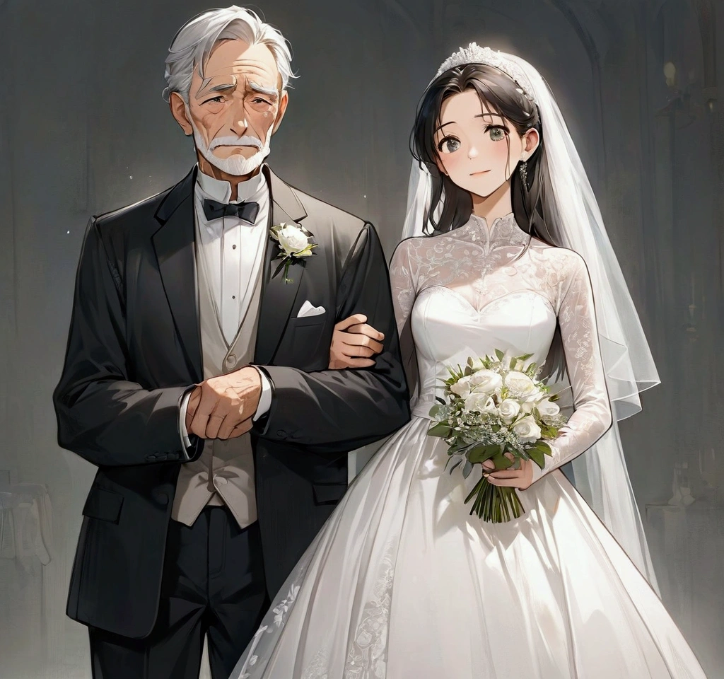 Create an image of a beautiful woman in a white wedding dress, looking sad and not happy. She is standing beside an old man wearing shabby black clothes, whose facial expression shows happiness. The setting is a wedding scene with a somber atmosphere around the woman and a joyful demeanor on the man's face, creating a contrast between their emotions. The woman's sadness is evident in her posture and gaze, while the man's expression radiates contentment and joy.