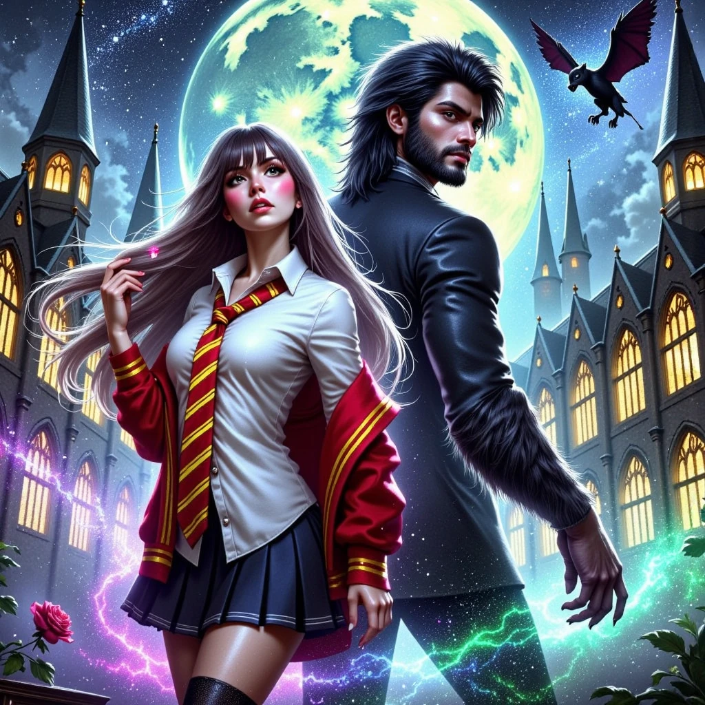 64k Glossing vibrant best color Hyperrealistic photorealistic art for a sexy book cover.Mystic,horror,foggy moonligh night. full-body strong sexy handsome-werewolf-student and long-haired beautiful 20-year sexy woman-studen with longhair, dressed in school uniform, near Academy of magic. ultrahigh detail. greg hildebrandt. Colorful complementary colors scene,lots of details. ultra Dynamic unusual angle. lOOK AT ME! ultra-highdetail,perfect natural proportions.model faces. perfect anatomy, detailed hand and fingers, ideal silkglossing hairs, ultrssparkling gold artefacts, ultratextured and patterned textile, countour body\'s glowlight.ideal for sexy bookcover.
