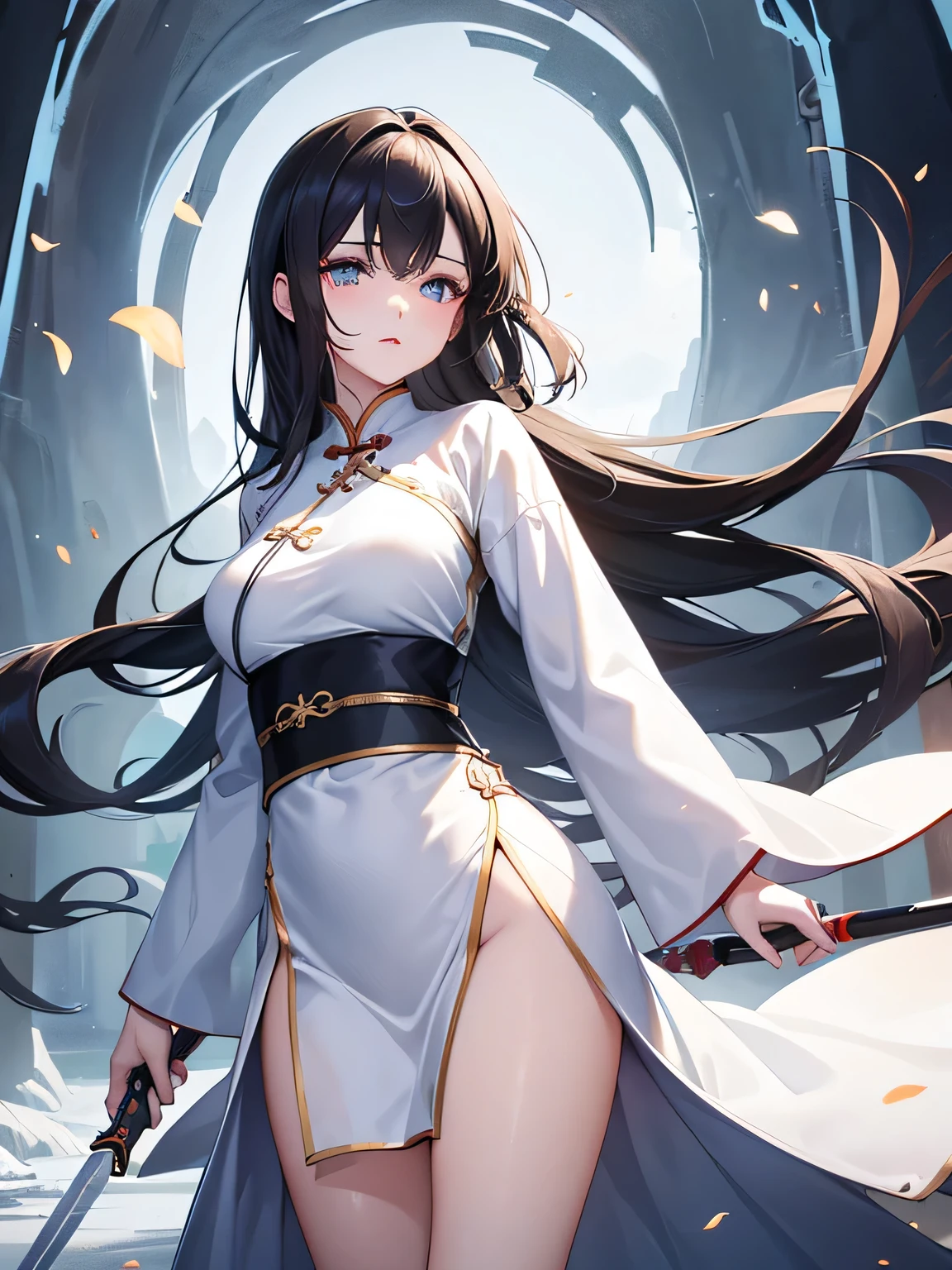 Extremely detailed CG unity 8k wallpaper, masterpiece, best quality, super fine, (beautiful detailed eyes: 1.2), high resolution, extremely detailed, highest rendering, (1 girl: 1.5),young girl,Animation style, ancient Chinese style,white hanfu, black hair, black long straight, Pursing the lips with a faint sad expression, long legs, girl, Slightly perky breasts，Hold the sword in front of the body，Character tilted into view，not too sexy，bright background，long legs， The lower body is wrapped in clothes，white clothes，Tensile character poses，Sad look on the corner of the mouth，beautiful sad look