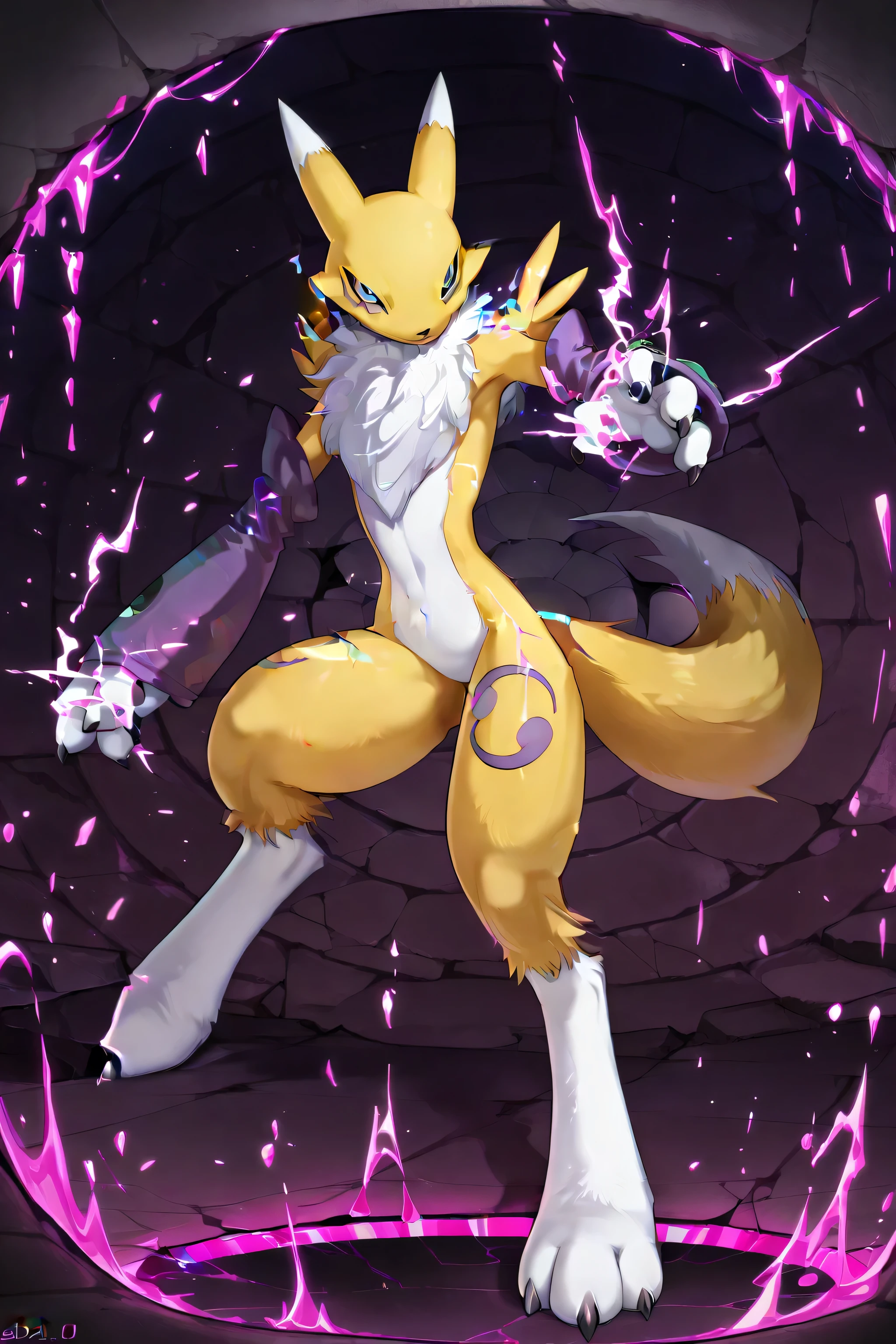 anthro, renamon,yellow fur, white feet, glitch's effect, vivid colors, high detailed,fluffy, slim, blue eyes, char1 jump's out from a dimensional hole, dynamic, masterpiece, breathtaking, professional illustration, 4k, sdxl,, (anthro:0.1)