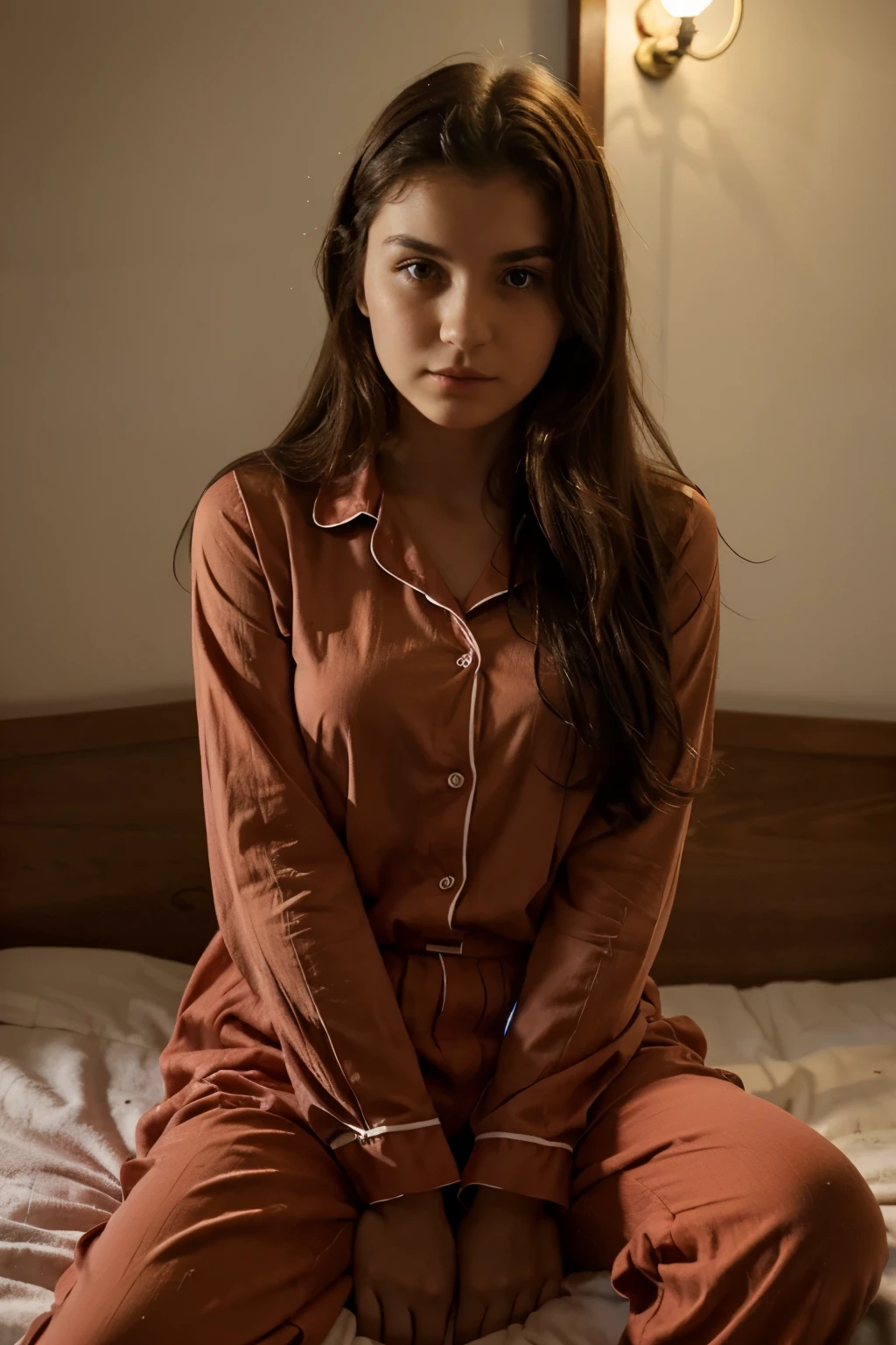 (1girl), solo, messy-long_hair, wearing(red-sexy-pyjamas), photo(medium-shot), sitting, (pov, blurry_background:1.5), background(black, bed, bedroom, windows), natural-lighting, (photorealistic, absurdres, best_quality:1.55),