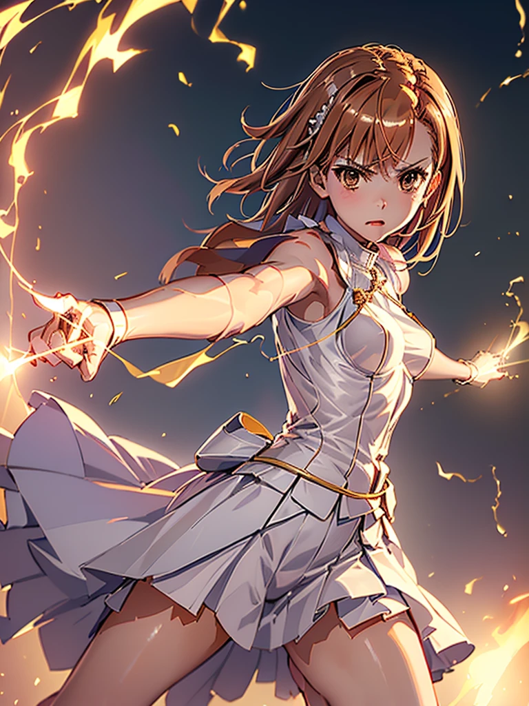 (highest quality)), ((masterpiece)), (((4K)))、, (((misaka mikoto 、Perfect Face,Shiny skin、Misaka Mikoto's clothes,Beautiful breasts,Shiny skin、)))Golden Eyes、night、Combat Stance、、Wearing a  aura、(((Finger gun、FIRE shooting from index finger)