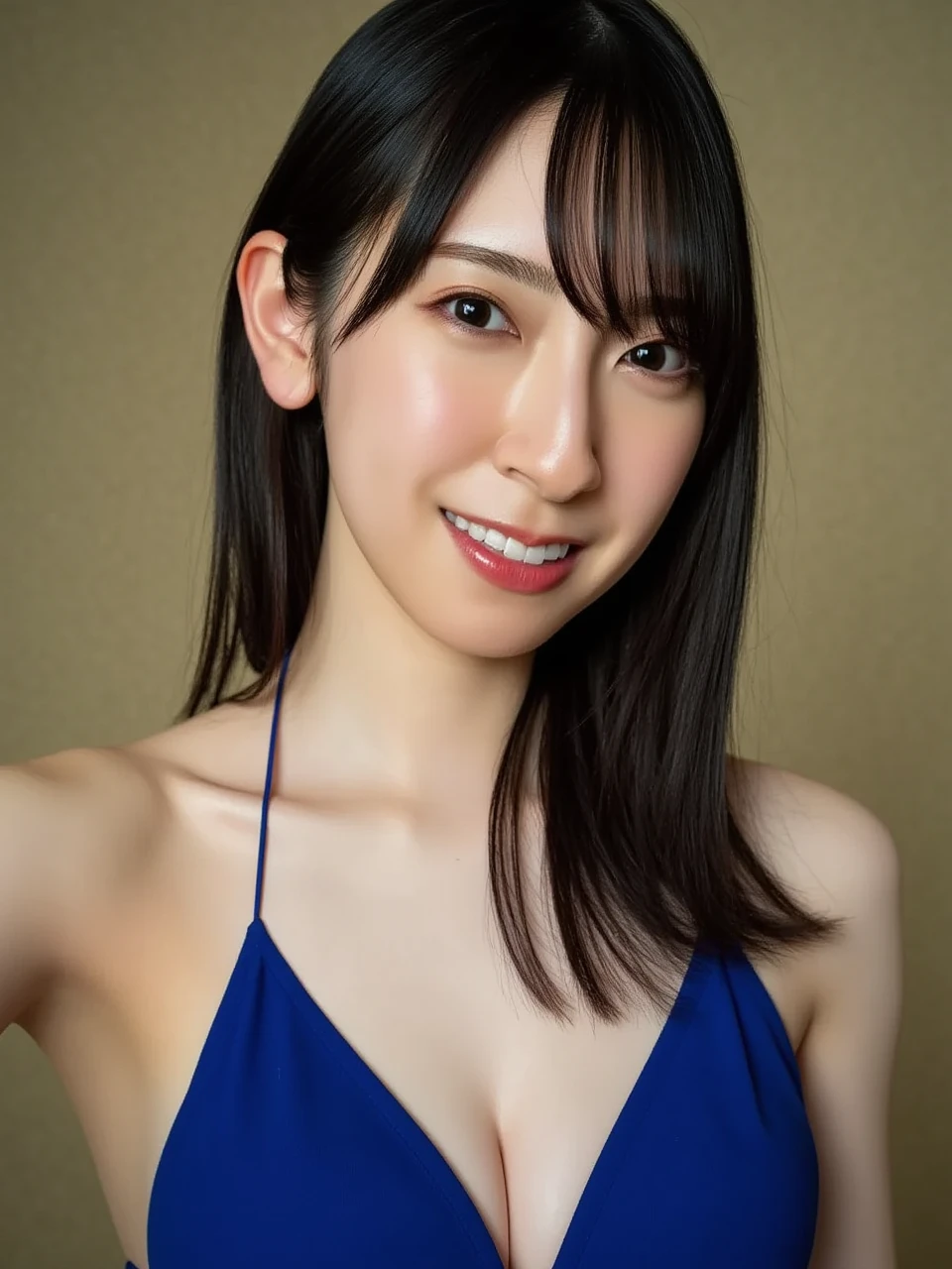 ((( High resolution,top quality, super detailed, Masterpiece , very detailed,realistic,real person,Ultra detailed skin))) ,simple background, from front, medium shot, , looking at viewer , light smile, ,(standing), arms behind back,black hair, medium hair, mediuml breasts,cleavage, evening dress, deep slit,cleavage cutout