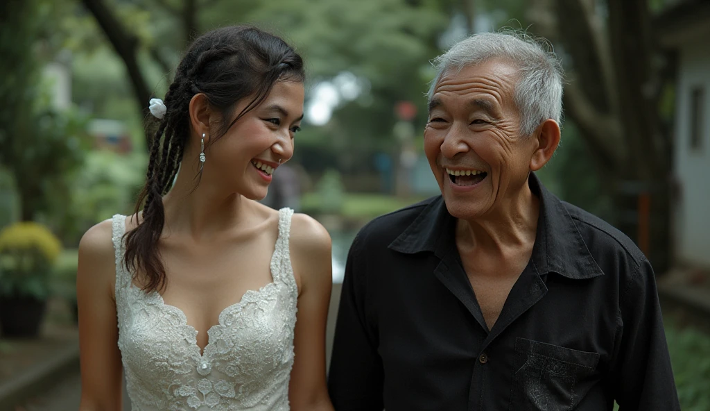 Create an image of a beautiful woman in a white wedding dress, looking sad and not happy. She is standing beside an old man wearing shabby black clothes, whose facial expression shows happiness. The setting is a wedding scene with a somber atmosphere around the woman and a joyful demeanor on the man's face, creating a contrast between their emotions. The woman's sadness is evident in her posture and gaze, while the man's expression radiates contentment and joy.