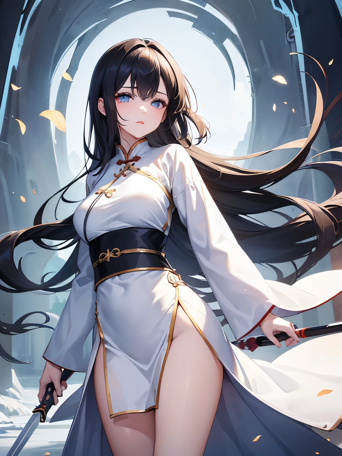 Extremely detailed CG unity 8k wallpaper, masterpiece, best quality, super fine, (beautiful detailed eyes: 1.2), high resolution, extremely detailed, highest rendering, (1 girl: 1.5),young girl,Animation style, ancient Chinese style,white hanfu, black hair, black long straight, Pursing the lips with a faint sad expression, long legs, girl, Slightly perky breasts，Hold the sword in front of the body，Character tilted into view，not too sexy，bright background，long legs， The lower body is wrapped in clothes，white clothes，Tensile character poses，Sad look on the corner of the mouth，beautiful sad look