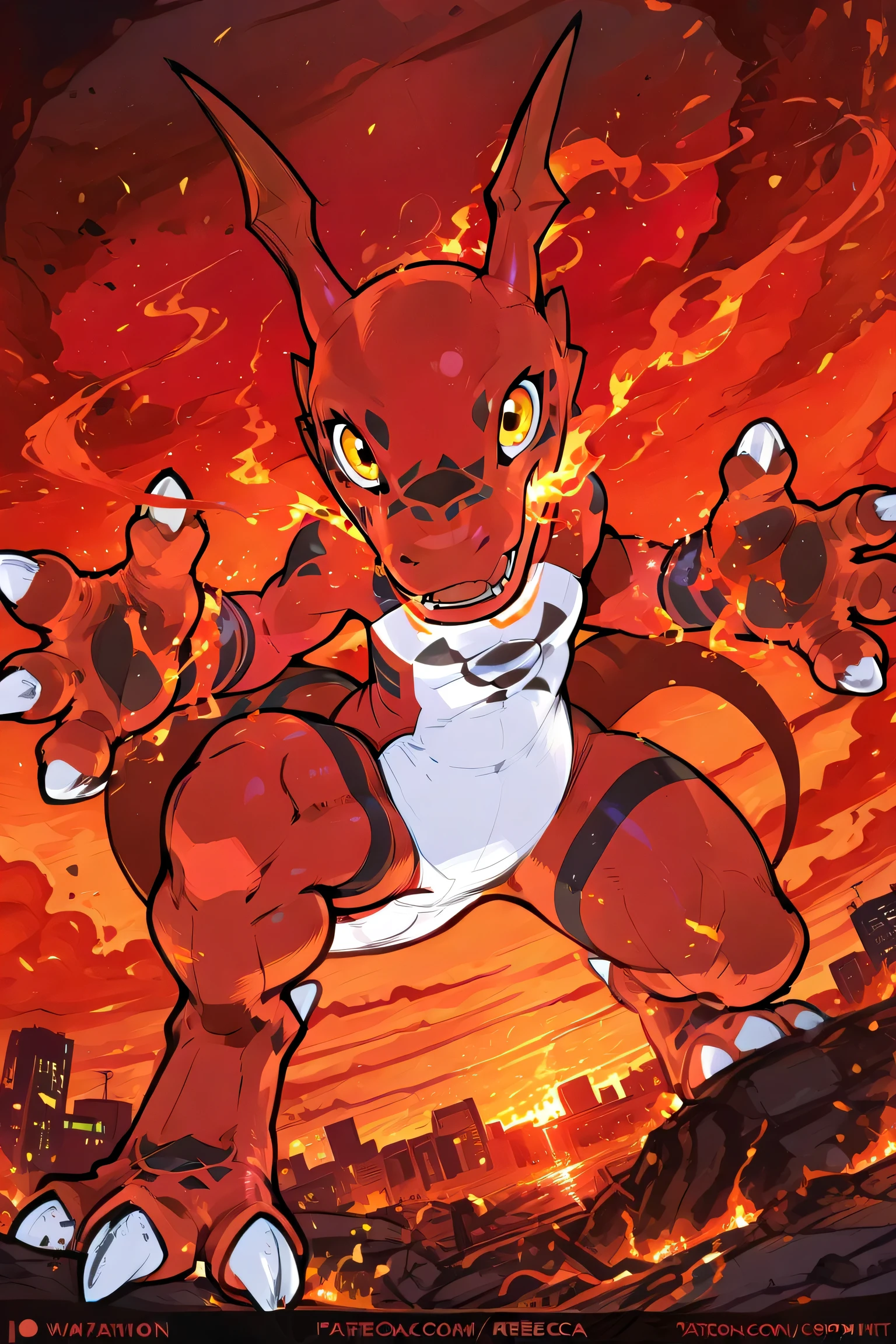 feral, guilmon:1.5, red, perfect guilmon,teeth, 3 claws, tail, white belly, kobold:0.1,(digimon's style):0.5, yellow eyes,  char1 is  flaming from the mouth, fire breath, urban anime scenario, lineless, flat color, professional illustration, masterpiece, breathtaking, extreme angle, dynamic, 4k, sdxl, stabble diffusion, high detailed,, cartoon-style art, superb linework, nice colors and composition, bold linework, close-up, (masterpiece), cute art by Dana Terrace, by Rebecca Sugar, by ry-spirit, amazing and wholesome cartoon-style art, cute art style, (trending on artstation), (anthro:0.1)