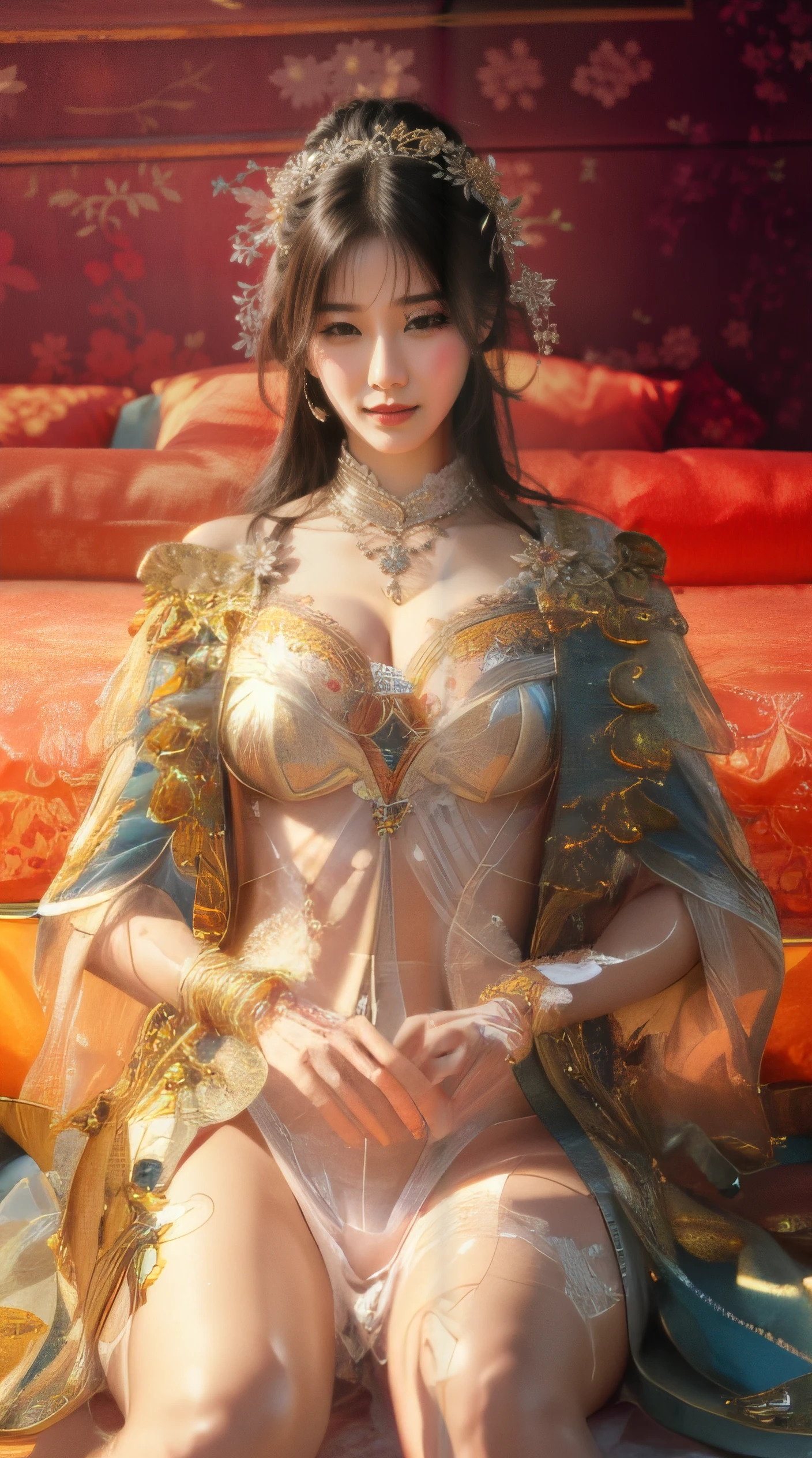 Extremely detailed, women, elven, British middle eastern women, beautiful body, wearing traditional dress(gray and golden), beautiful sexy greenish gray eyes, sexy look, light pink lips, open mouth smile,