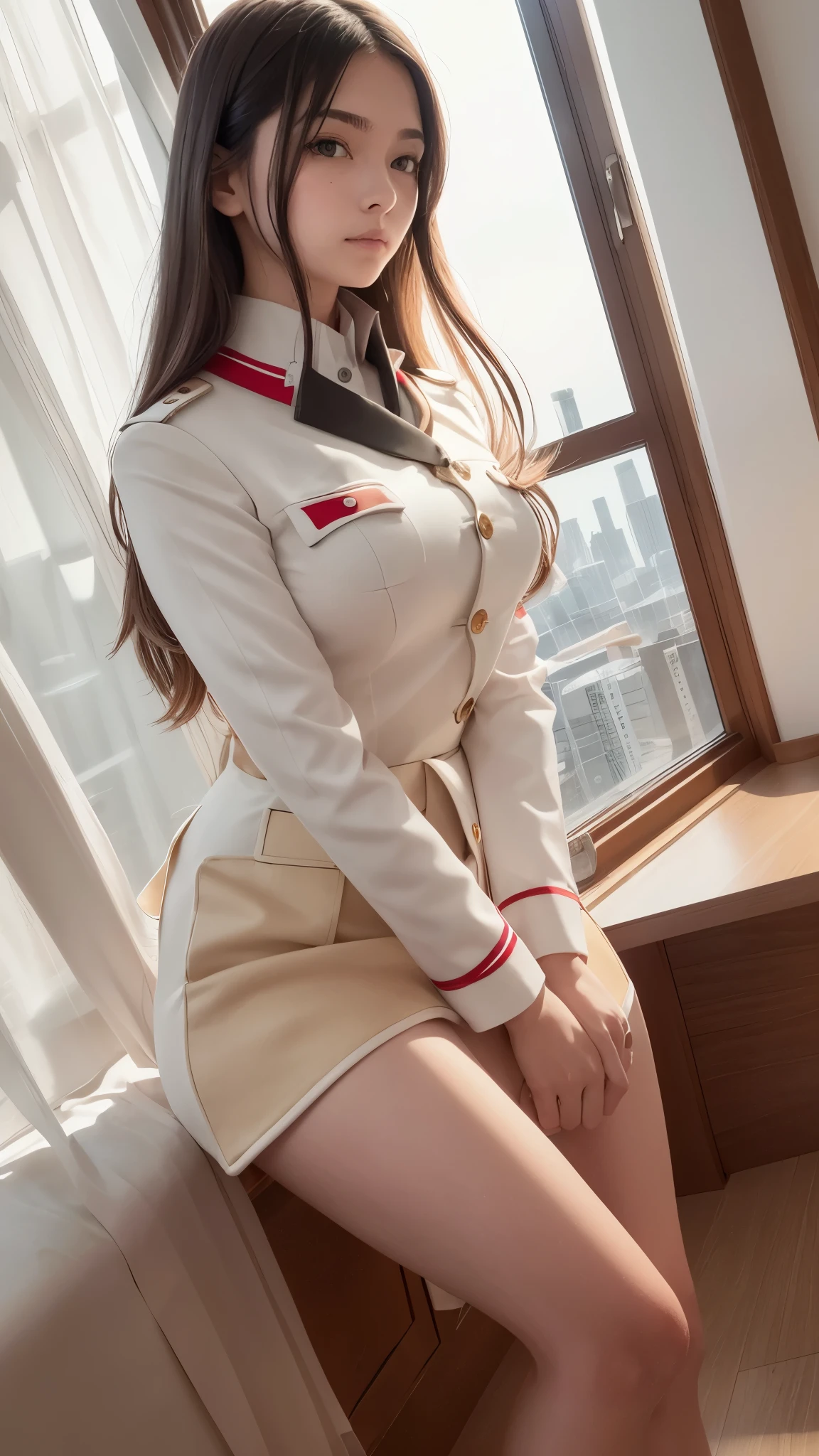 Several women in white uniform in sexy pose, Harem, cushion, lots of light