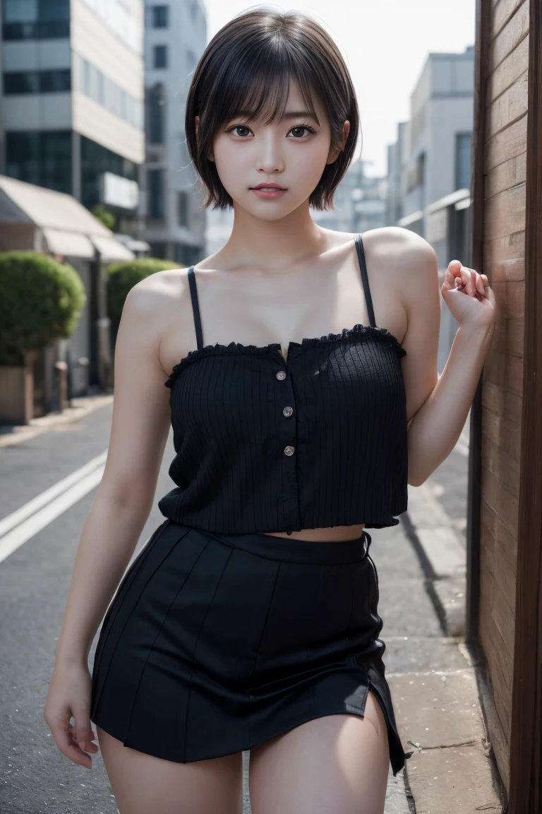 (Highest quality, Very detailed, masterpiece:1.2), 1 women, Very thin body, length, Thin legs, ((Black wavy short layered cut hair hair:1.2)), ((Thick and fluffy bangs)), Very detailedな顔,A faint smile, small, Thin Nose, small thin mouth, Extremely sharply focused eyes, Japanese, Beautiful Face, Realistic eyes, Beautiful and beautiful eyes, Realistic Skin, Beautiful Skin, charm, (A vivid face), Beautiful Hairstyles,((Over Size Tシャツ)),脇を見せる,腕を上げる,Creepy and unique hairstyles,下からのアングル, High resolution, Vibrant color palette, Mysterious and mysterious stone wall, Amazing place,Characteristic dark shadows and strange details, background, Backwards