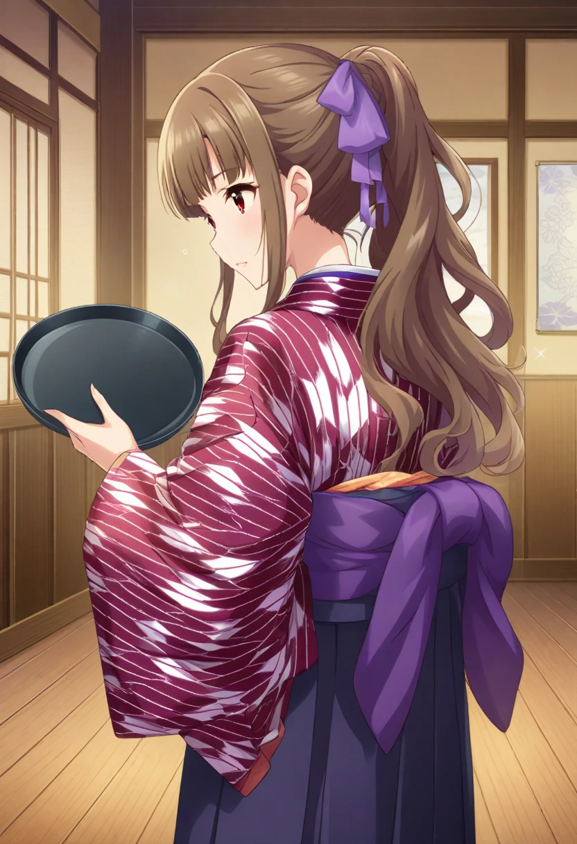 score_9, score_8_ up, score_7_ up, rating_safe, masterpiece,  top quality ,  absurd, unity 8k wallpaper,  Official Art,  official style,  Source_Anime, uncensored game cg ,   megami magazine ,
BMC, tasuki,  1 girl, Alone, glass,  Yagasuri ,  kimono, ； Nape, kimono, from behind, Purple ribbon,Tray, ,  hakama skirt, striped kimono, indoor, , ,  long hair, Brown Hair,  red eyes,