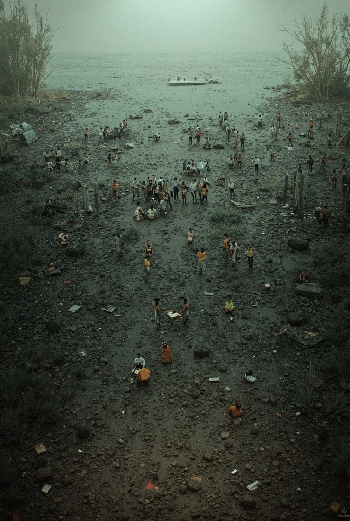 Hyper realistic image of a valley set ablaze with (skeletons of dead animals), ((1 single, imposing, century-old Sumaúma tree with a river around it in the center of the image)) and a burned city on the left side of the image, as background smoke and rain with dark sky.