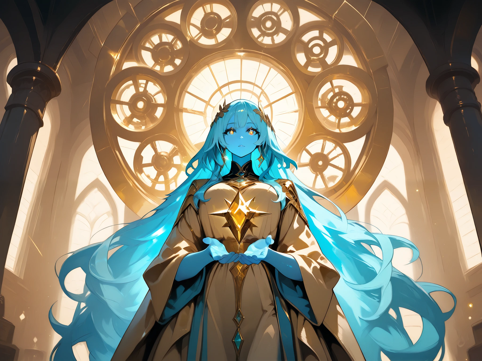  A woman with shiny blue skin with metallic tones , Bright eyes like sapphires,  long, flowing hair that seems made of golden copper wires ,  elegant robes with geometric features ,  decorated with crystals that shine in light ,  delicate but firm hands with rings that symbolize authority .  Located in a monumental workshop with polished metal arches , giant gears spinning on the ceiling ,  ethereal lights emanating from energy conductors ,  a throne adorned with shiny artifacts and luminous lines ,  Background a view of Kaladesh with invention towers shining under a golden sky
