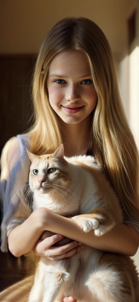 realistic,portraits,beautiful girl,holding a whithe cat, ,paintings,soft brushstrokes,vibrant colors, subtle highlights and shading,impressionistic brushwork,ethereal and dreamlike quality, blond hair, ,figure,gentle smile,natural sunlight