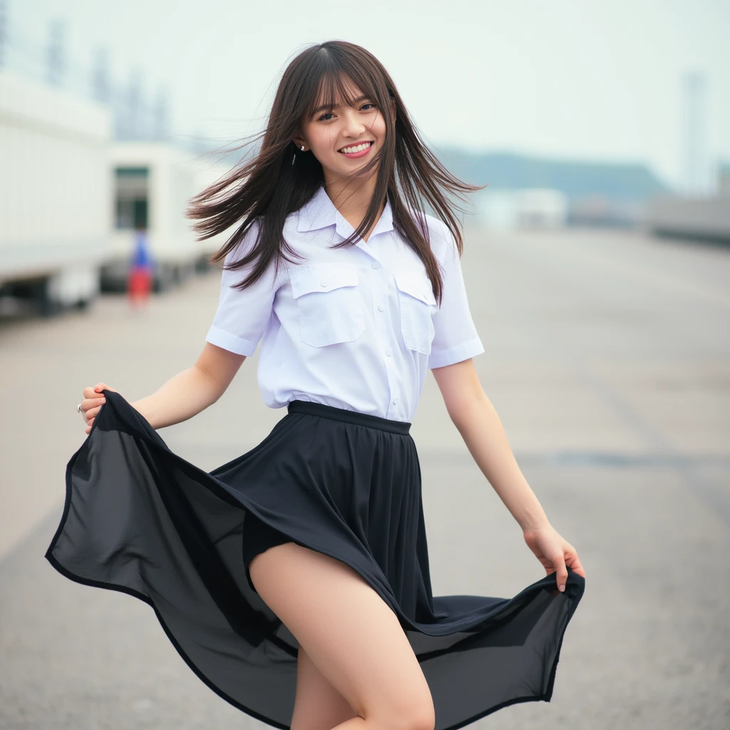 Full body. real,Her hair is straight and half down in the front. She is wearing a white collared shirt, a uniform, and a long skirt, highlighting her features. She is smiling. Full body, the wind blows up her skirt and reveals her panties, panty shot, panties, nipples, nsfw,