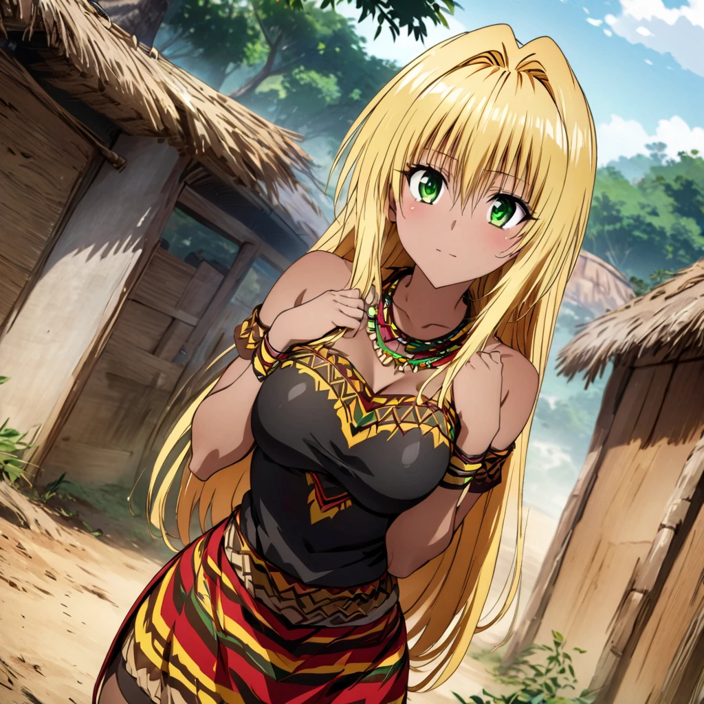 ((Highest quality)), ((masterpiece)), (detailed), (Perfect Face)、The woman is a Tiay, an indigenous woman with green eyes, medium-long blonde hair and dark brown skin, and is wearing indigenous accessories on her loincloth. She is standing close to a man from the tribe.