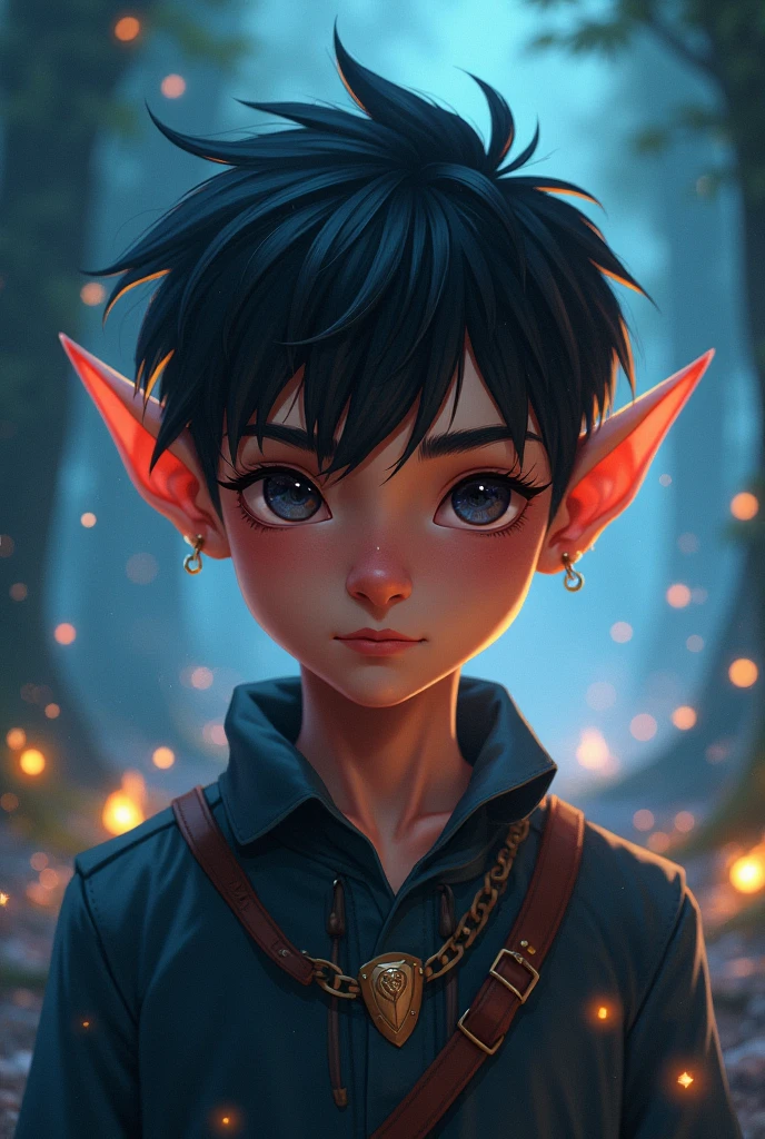 Shark-looking boy with medium-long black hair with blue highlights and yellow eyes
