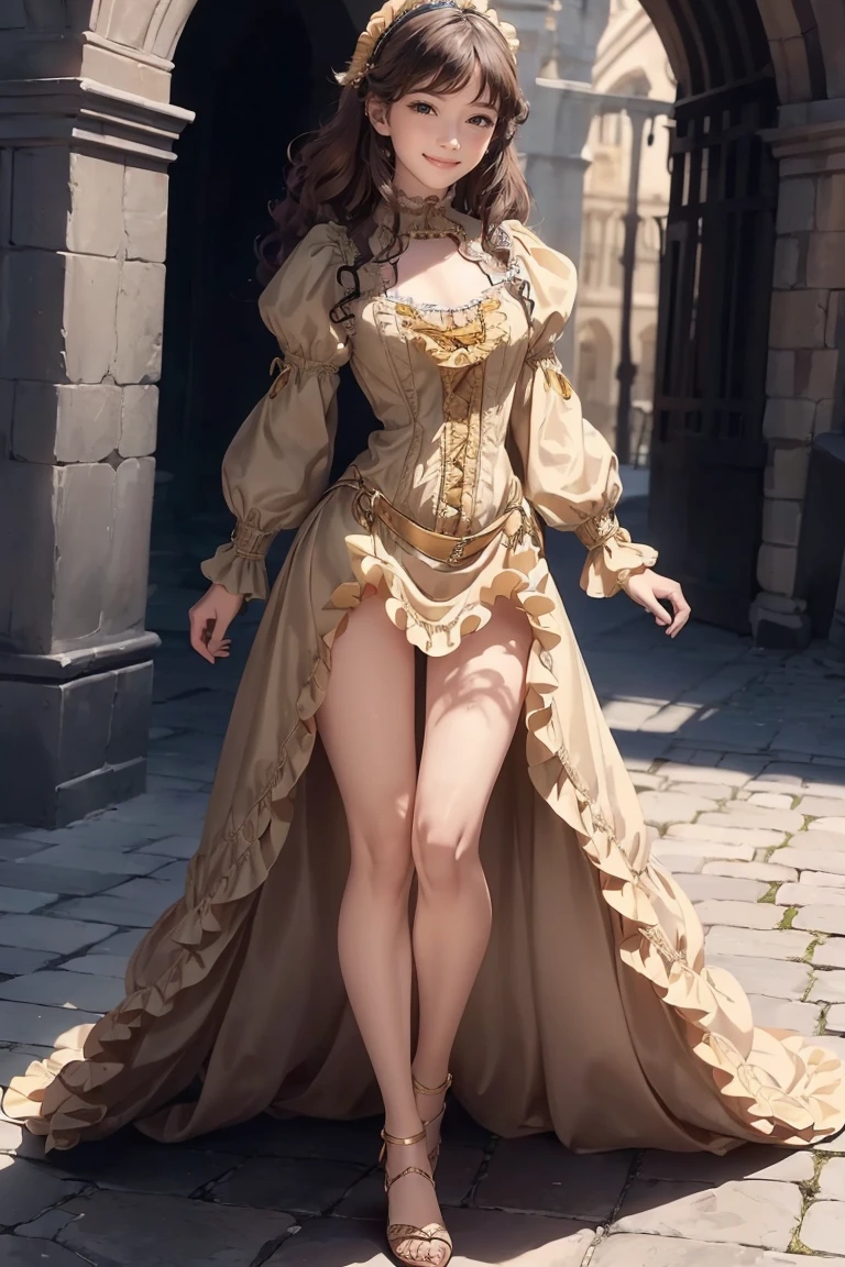 masterpiece, Highly detailed, super realistic, detailed background,
 bright Lighting, Daylight, beautiful face, beautiful eyes,
 medieval style, 1girl, solo,
(10-years-old little-princess) standing,  (long light-brown-curly-hair),
wearing ((Frilled Victorian mediaeval-colorful-dress:1.2)),
(Golden bracelet) and (Roman sandals),
( long dress, long sleeve, elegant),
 (((tiny breasts:1.5, (slender legs), (Slender thighs)))),
(pretty face), 
