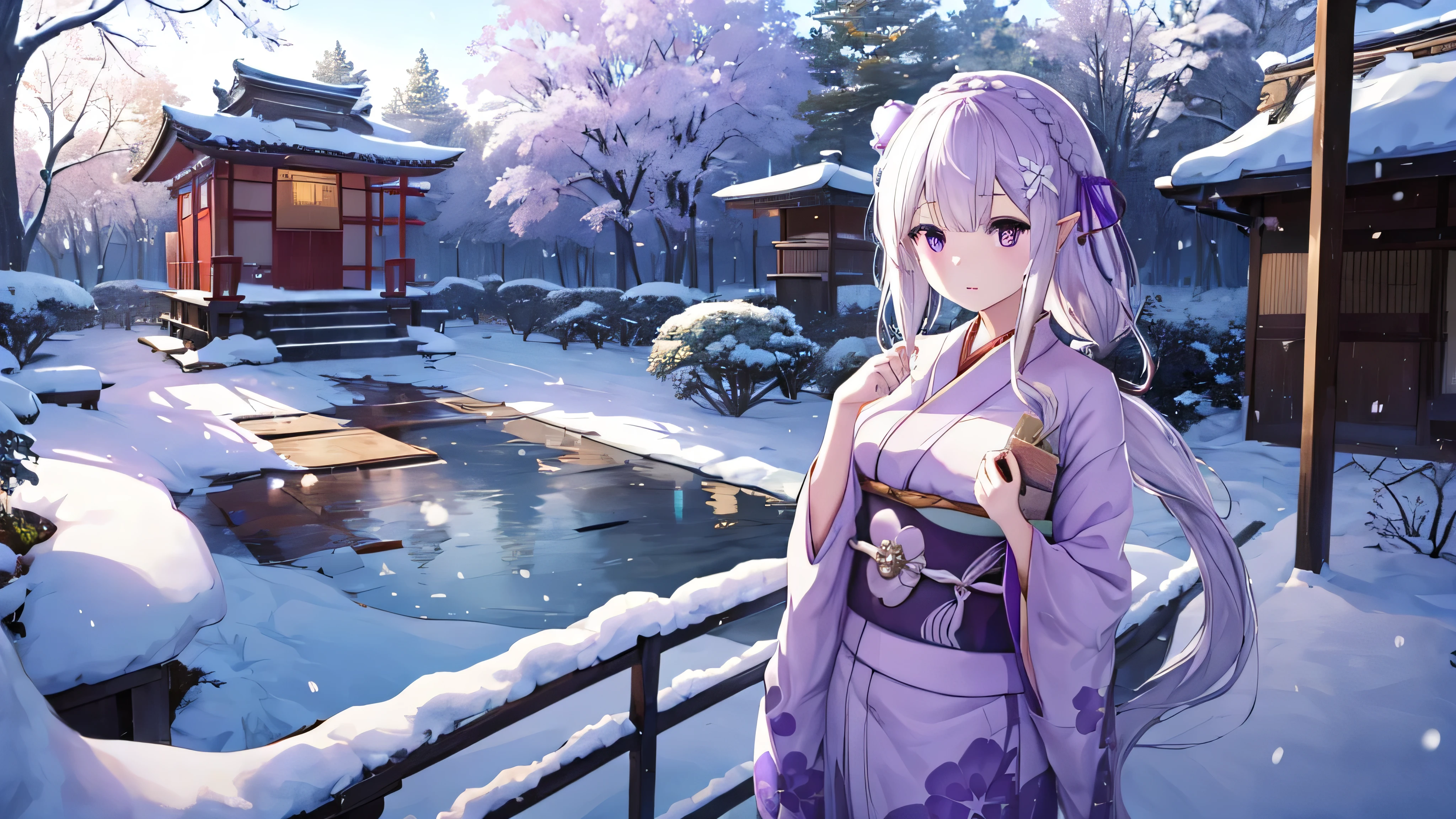  1 girl,masterpiece,  top quality 、Emilia, braid, crown braid, flower, hair flower, hair ornament, hair ribbon, long hair, pointy ears, (purple eyes:1.2), white hair, x hair ornament,Long-sleeved kimono、shrine、Visit to a shrine、Offering box、Sigh、cold、Furisode、Big Breasts、white sigh、Snowfall、Flushing、