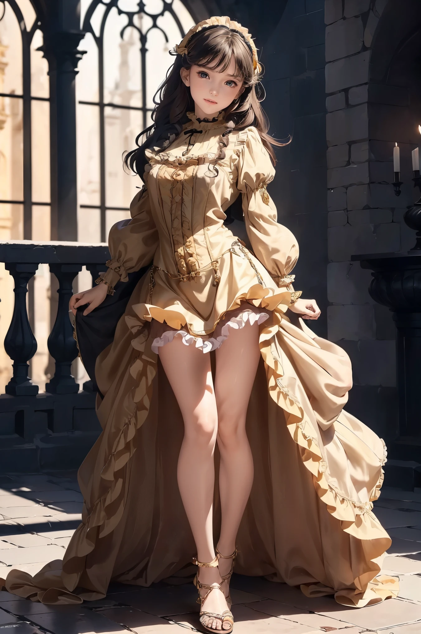 masterpiece, Highly detailed, super realistic, detailed background,
 bright Lighting, Daylight, beautiful face, beautiful eyes,
 medieval style, 1girl, solo,
(10-years-old little-princess) standing,  (long light-brown-curly-hair),
wearing ((Frilled Victorian mediaeval-colorful-dress:1.2)),
(Golden bracelet) and (Roman sandals),
( long dress, long sleeve, elegant),
 (((tiny breasts:1.5, (slender legs), (Slender thighs)))),
(pretty face), 
