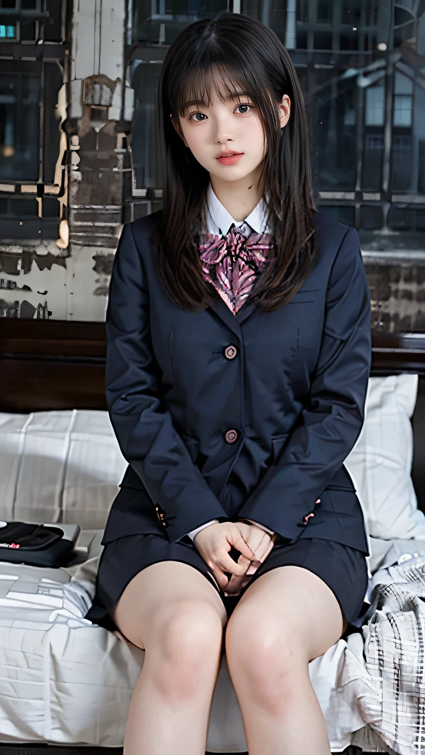 (masterpiece, top quality , 8k, RAW photo, beautifully、 beautiful:1.2), ( realistic :1.4)、 intricate details , indirect lighting, realistic , whole body, is sitting on a hotel bed、 Japanese、 Short Bob Black Hair 、 detailed face 、 high school uniform 、stare at the audience 、smile、 happy 、Peeking、 high school uniform 、 woman' training to break the tiles , chair that can sit under a skirt, super high res,8k,bokeh, Sharp Focus,very detailed face ,Spanish Girls , Beautiful feet,thin,( Big Breasts), super detailed eyes
