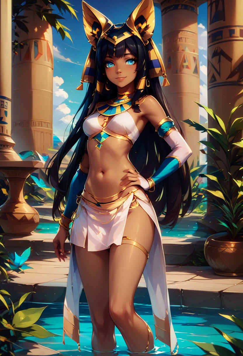 Full body , full body art,score_9, score_8_up, score_8, medium breasts, (curvy), cute, eyelashes,     
BREAK,
zzRamesses, solo, long hair, breasts, looking at viewer, smile, blue eyes, skirt, black hair, navel, animal ears, bare shoulders, jewelry, medium breasts, closed mouth, standing, cowboy shot, outdoors, detached sleeves, midriff, water, stomach, bracelet, dark-skinned female, lips, hand on hip, white skirt, plant, bridal gauntlets, armlet, contrapposto, Egyptian, Egyptian clothes, bad hands, 
BREAK,
smile, looking at viewer, 
zPDXL,