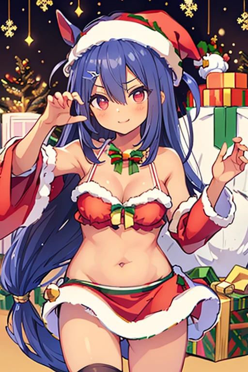 1 girl, GameCG, Santa Claus set, shoulders are visible, Cleavage visible, Navel visible, Santa hat, humongous large breast, lightblue hair, mid hair, Both sides face up, eBlue eyes,Christmas background, dynamic, ssmile,