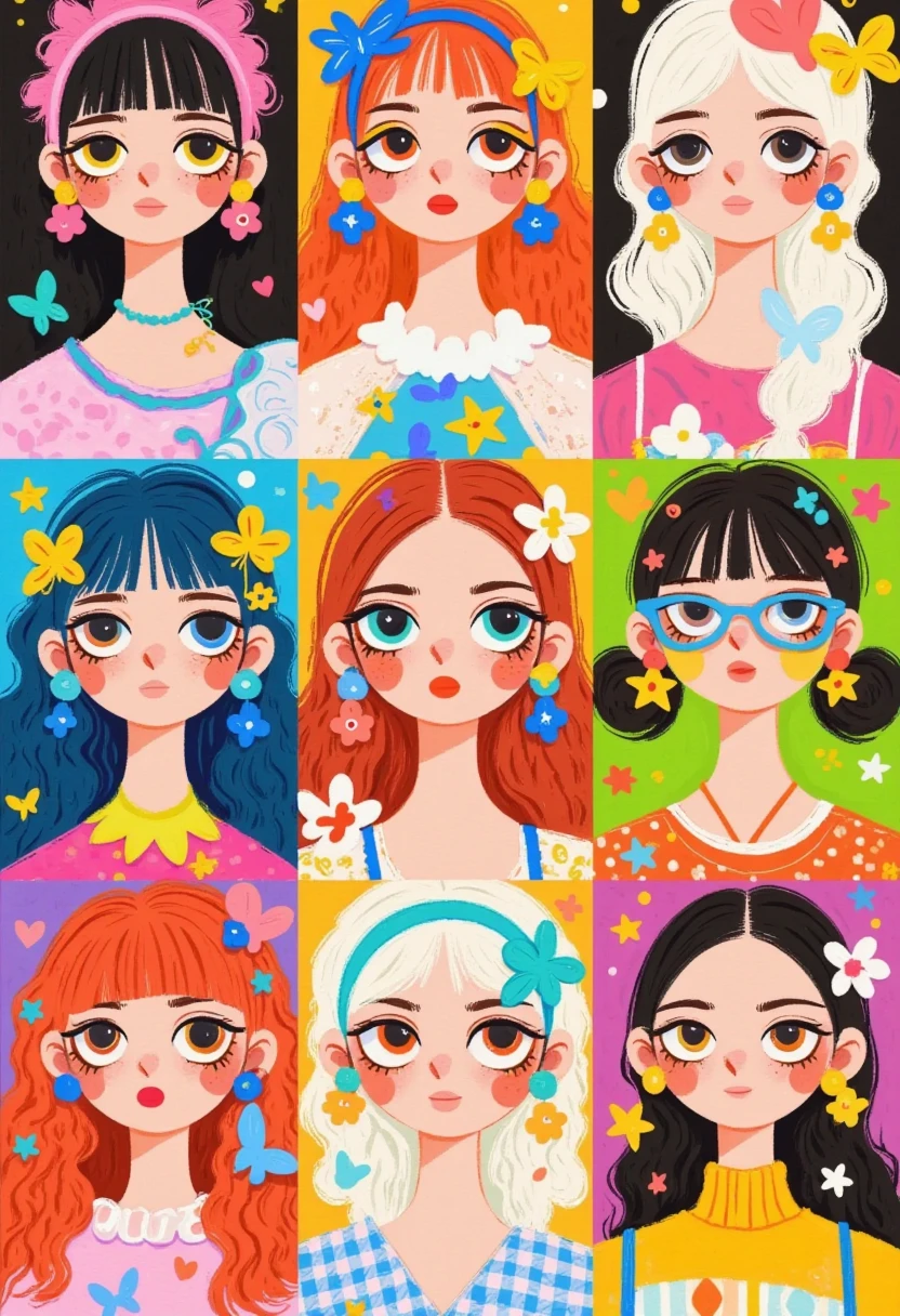 A grid of portraits, each depicting the cartoon character Patrick Star as different women with hair and eye colors ranging from red to black. The portraits have a flat design aesthetic, with bold colors and simple shapes. Each portrait is set against a solid background that complements the subject's skin tone. They all wear accessories such as glasses or headbands, indicating various styles of fashion, including long wavy hair, short curly blonde hair, buns, pigtails, and more, with an overall theme of colorful fun.