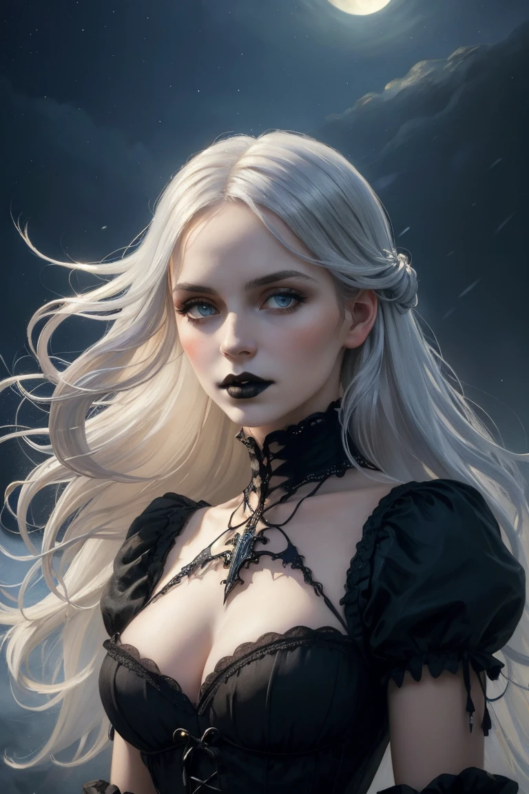 a beautiful busty goth princess woman,corset,white hair,dark mascara,long lashes,tattoo,black short bangs,curly hair,(best quality,4k,8k,highres,masterpiece:1.2),ultra-detailed,(realistic,photorealistic,photo-realistic:1.37),portrait,chiaroscuro lighting,dramatic lighting,dark moody colors,dramatic colors