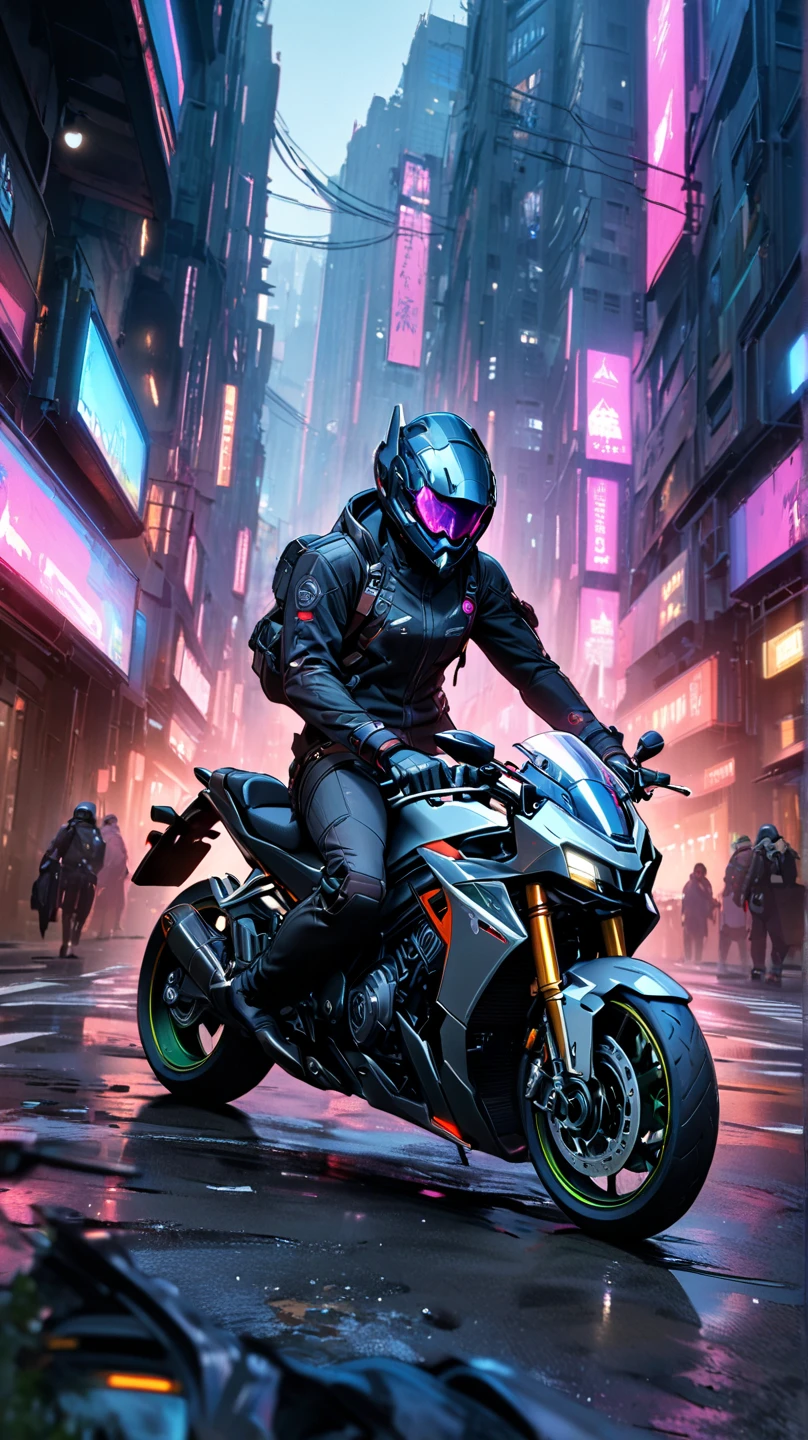  there is a person sitting on a motorcycle，In a city 。，  Cyberpunk  肌肉發達的！ Cyberpunk 