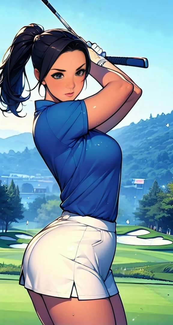 surrealism, cinematic lighting, 8k, super detail, UHD, masterpiece, accurate, anatomically correct, textured skin, super detail, high details, best quality, HD, Alone, japanese woman,  black hair,  ponytail, curvy,  blue tops,  white mini skirt, ((( golf swing))), playing golf,  (((Swinging a golf club))), Nice shot,  can see her panties,  (( lower angle )),  golf course,