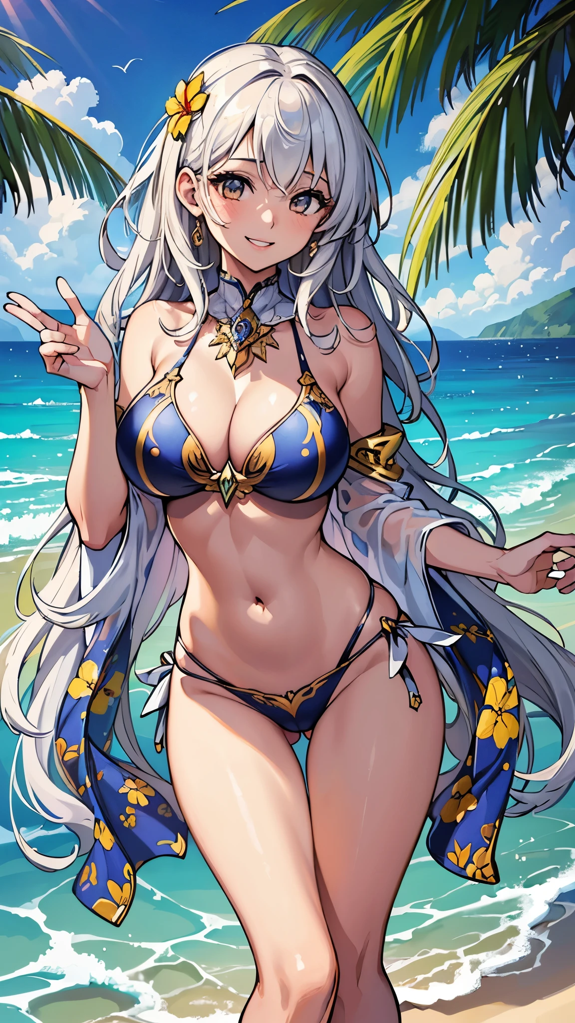 Anime girl, long white hair adorned with acessories, beautiful detailed yellow eyes, fair skin, in a white two-piece swimsuit at the beach, beautiful background, good anatomy, looking at viewer, tying her hair, 8k, high resolution