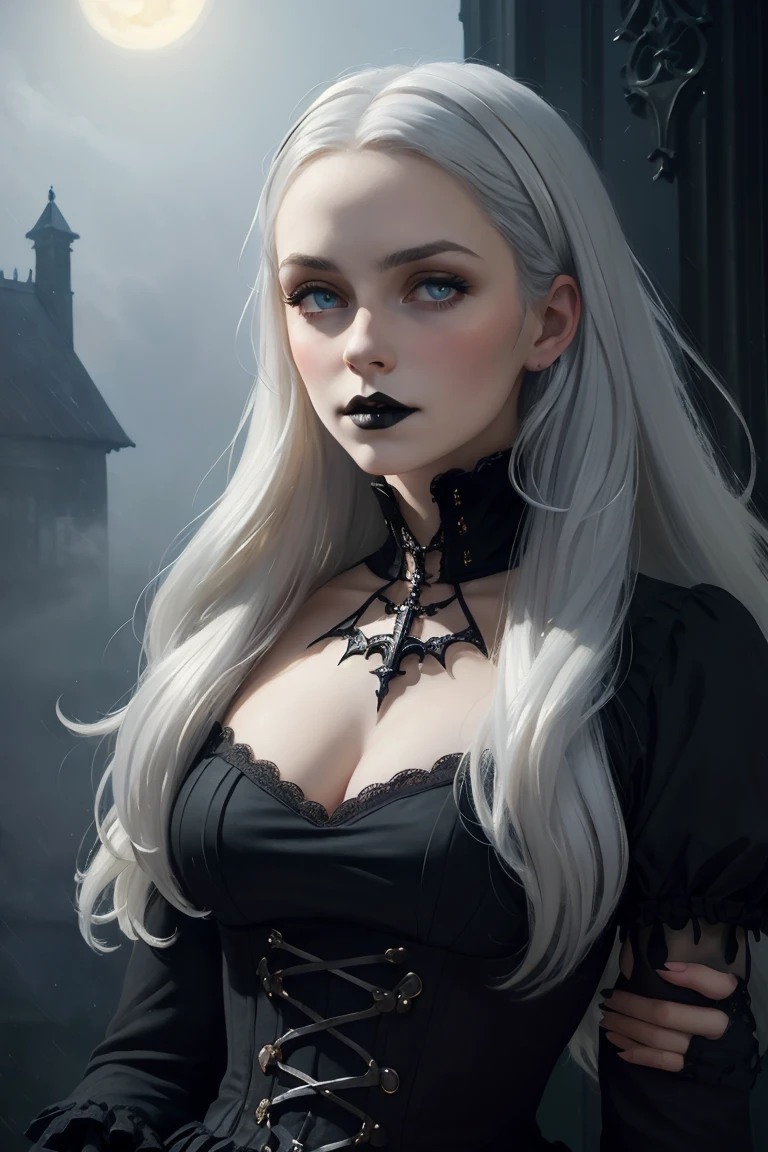 Insanely detailed photograph of a gorgeous vampire man, goth Renaissance, long voluminous white hair, intricate white  eyes, fantastical, vampire, ethereal, hyperdetailed, 32k resolution, dynamic lighting, hyperdetailed, intricately detailed, trending on Artstation, triadic colors, volumetric lighting, BalenciagaStyle,Woman with black and white hair,casual black clothes