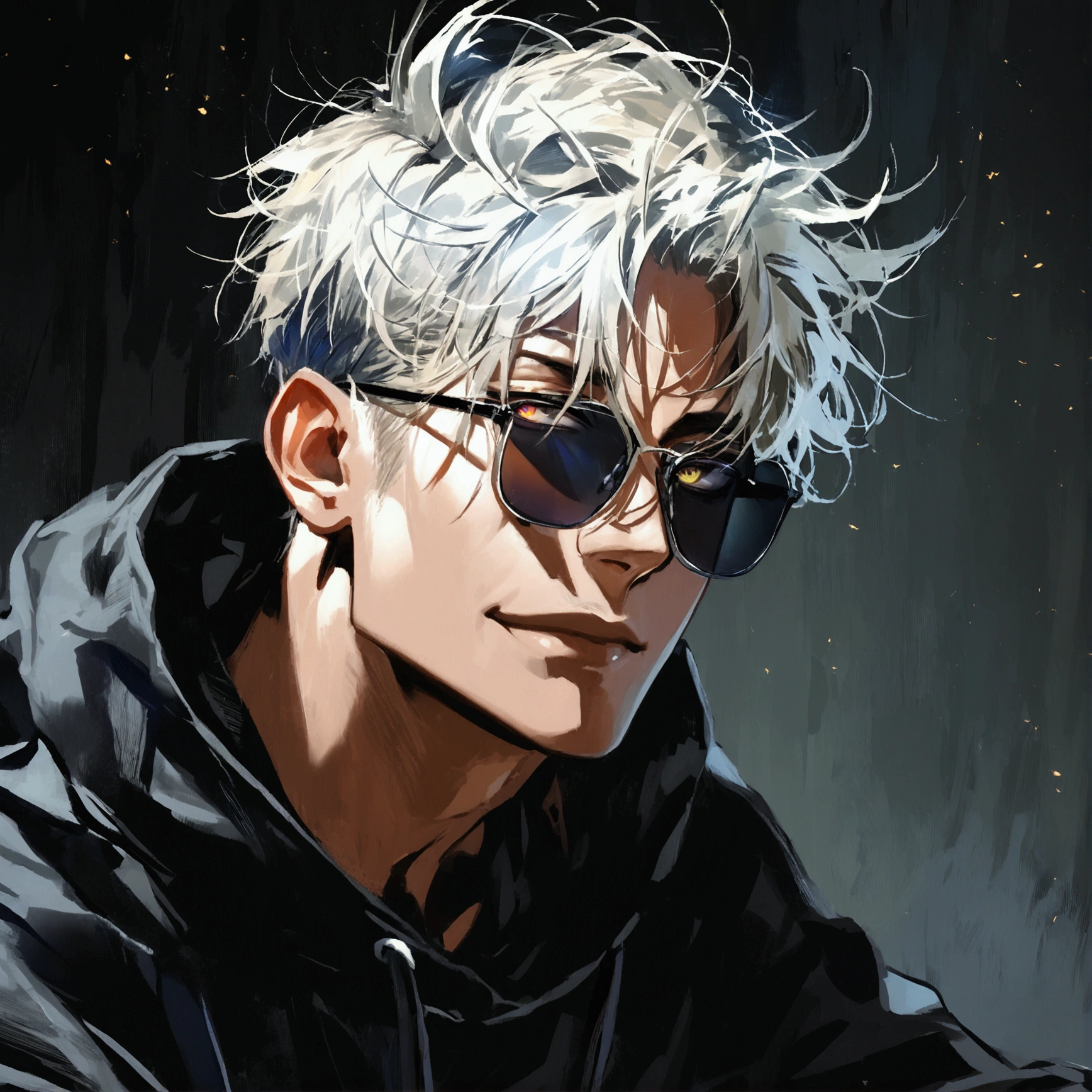 (solo), (1 male), (1 man), handsome men, (one man with blonde hair with black inner hair color, glay eyes), short hair, messy hair, sunglasses,black oversized hoodie((masterpiece)), (dark background: 1.3), (stylish), dynamic angle, (detailed face, detailed eyes, proportional hands, proportional anatomy), sitting in a relaxed pose, sinister atmosphere, a nihilistic smile,black background