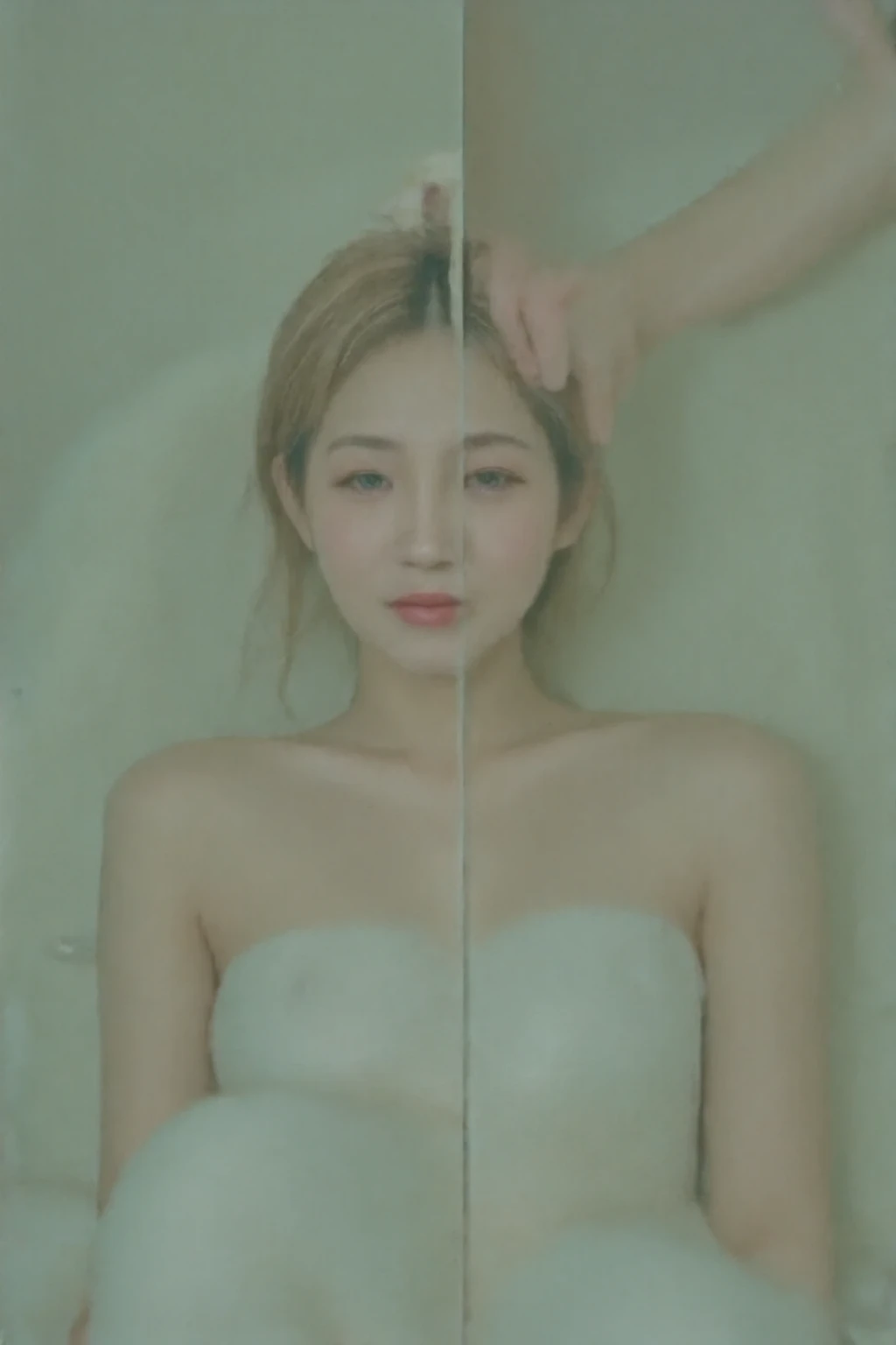 DIVIDE INTO TWO SCREENS. Vertical Line in the middle of the screen. Two images of a top Korean female K-pop star. Left and right. Before sex vs during orgasm. Towel on vs completely naked. Sitting alone vs Being tickled by a man