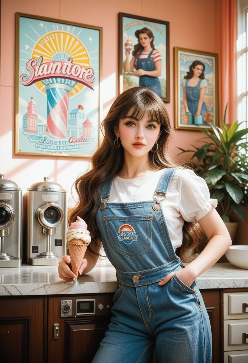 1Girl look at camera, long hair, Overalls, Retro ice cream parlor with pastel-colored walls, a classic soda fountain counter, and vintage ice cream posters, bathed in warm sunlight, analog film photo, Kodachrome.