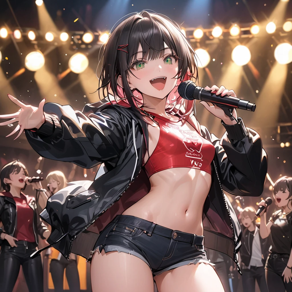 {{{masterpiece}}}, {{{best quality}}}, {{ultra-detailed}}, {illustration}, {{an extremely delicate and beautiful}}, (Best quality, 8k, 32k, Masterpiece, UHD:1.2),Photo of Pretty Japanese idol girl, top quality, best quality, realistic, unity, 8k wallpaper, official art, extremely detailed wallpaper,(3girls:1.5),(idol costume), (sweaty skin:1.3),,Chilck eyes,(take the spotlight:1.1),(stand microphone:1.5),(sing:1.5),(very short bob hair:1.3), (colorful hair:1.3),earrings,looking at viewer,(high detailed skin),realistic body,(small breasts:1.4),cute girl,no makeup, famous japanese idol,(standing),(low view),(lift skirt:1.1),(show off panties:1.2),(open panties:1.2),(race panties:1.3),(panties juice:1.4),(looking at viewer:1.1),(idle stage :1.5)